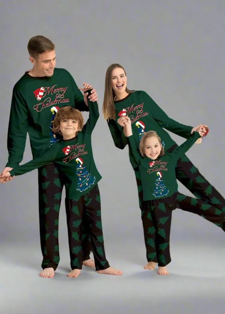 Family Matching Christmas Pajama Set - Merry Christmas Tree Print in Festive Green and Black for Holiday Gatherings