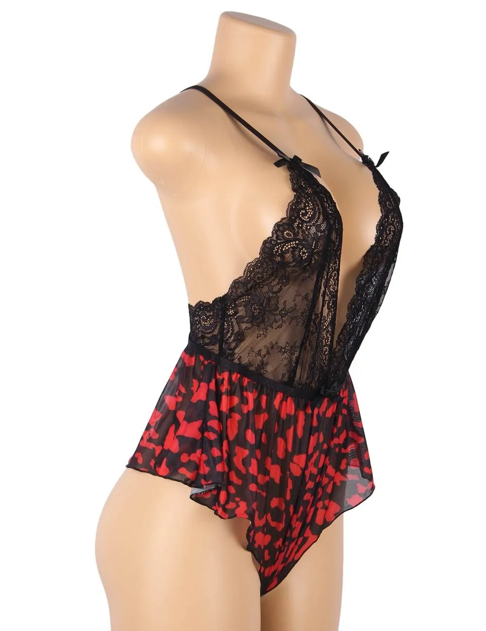 Fashion Sexy Lace Floral Print Plunge Neck Teddy