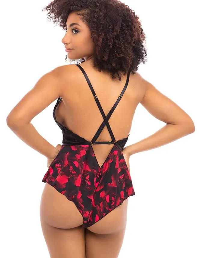 Fashion Sexy Lace Floral Print Plunge Neck Teddy