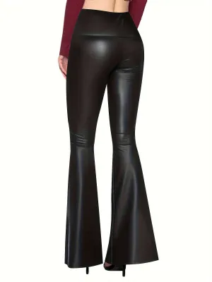 Faux PU Leather Flared Pants, High Waist Bootcut Yoga Running Pants, Women's Activewear