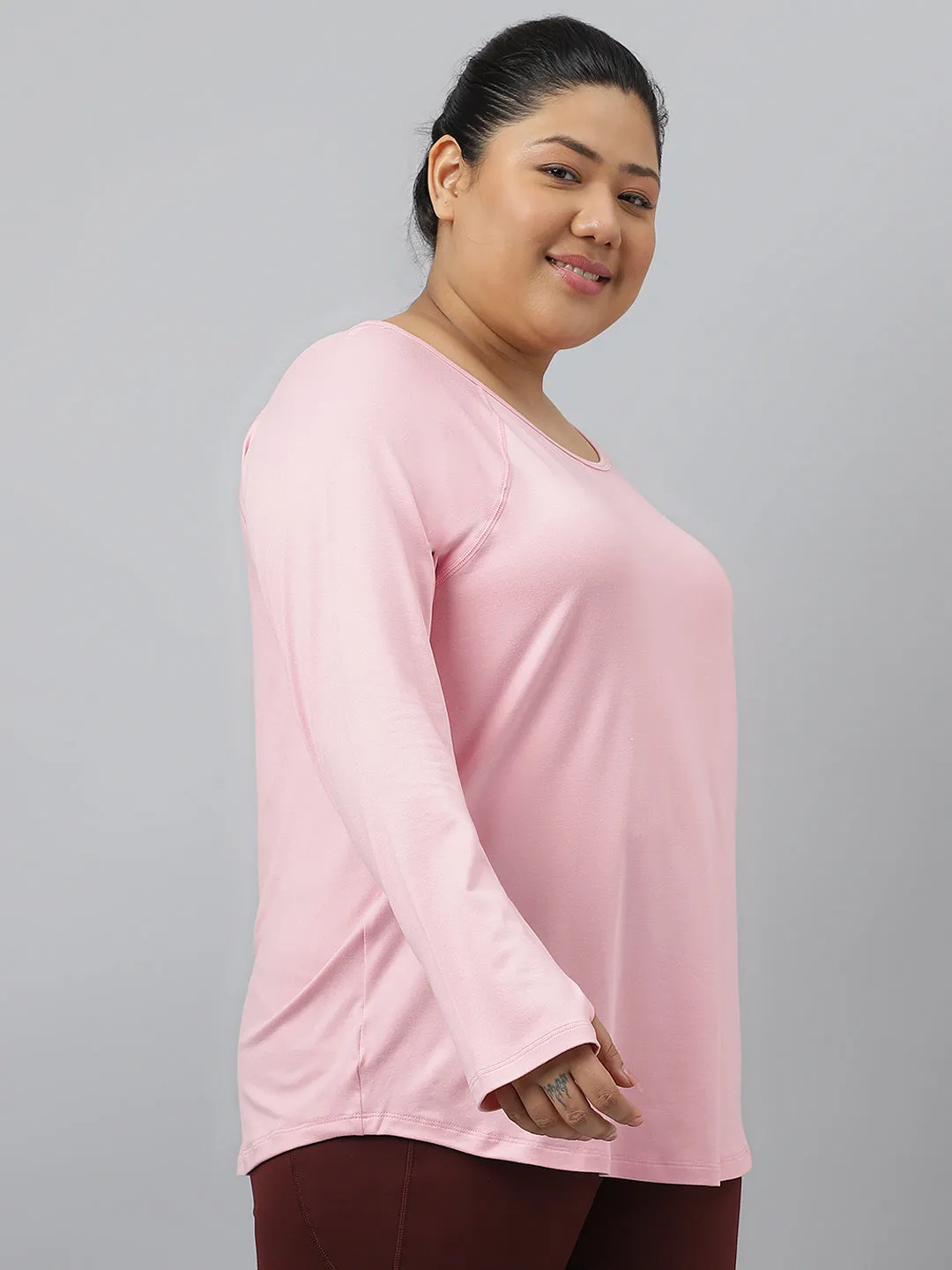 Fitkin Plus Size Anti-Odor Super Soft Nude Pink Laser Detail Long Sleeve Tshirt