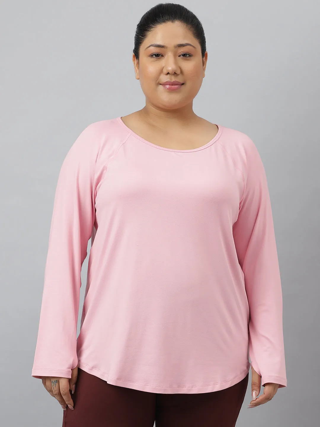 Fitkin Plus Size Anti-Odor Super Soft Nude Pink Laser Detail Long Sleeve Tshirt