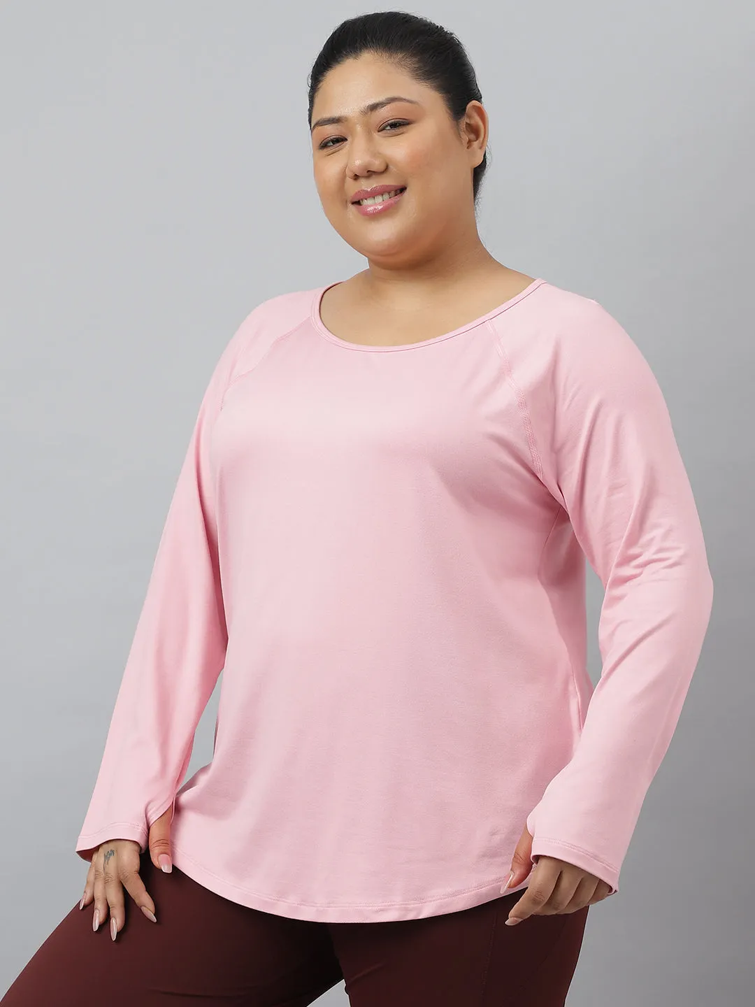 Fitkin Plus Size Anti-Odor Super Soft Nude Pink Laser Detail Long Sleeve Tshirt