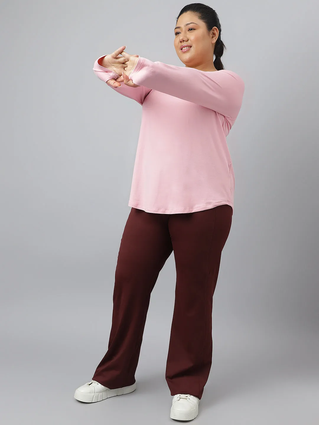 Fitkin Plus Size Anti-Odor Super Soft Nude Pink Laser Detail Long Sleeve Tshirt