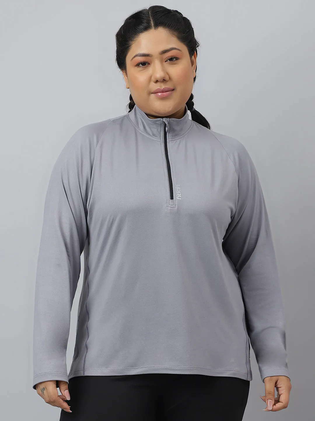 Fitkin Plus Size Super Soft Anti-Odor Grey Front Zipper Tshirt