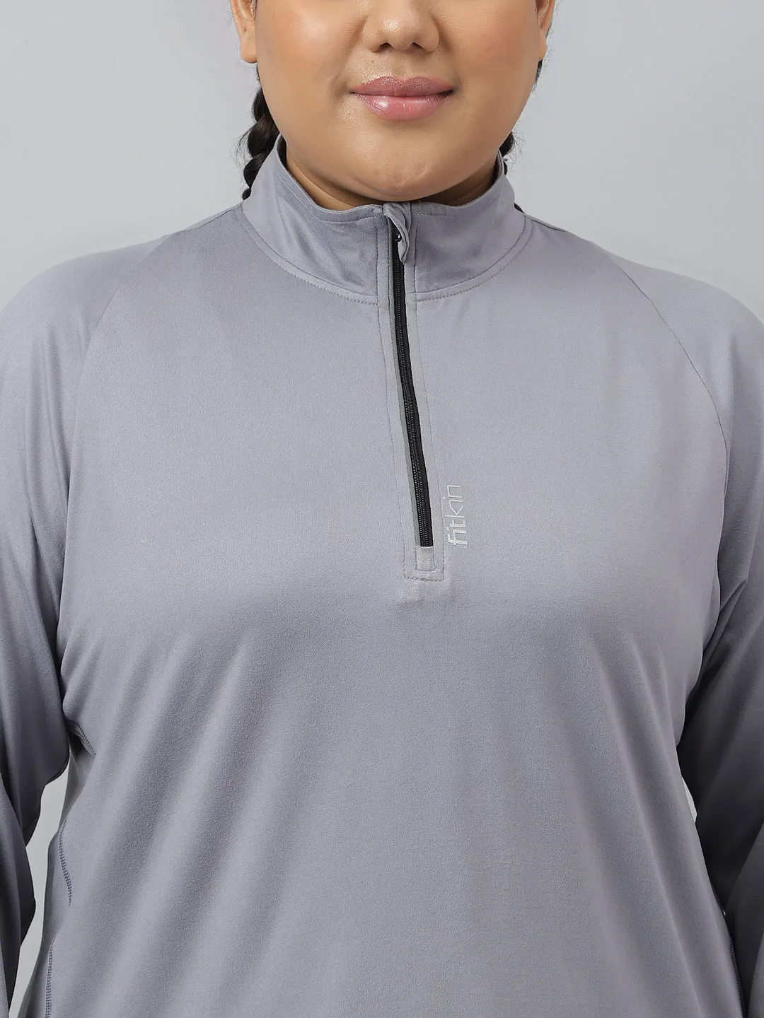 Fitkin Plus Size Super Soft Anti-Odor Grey Front Zipper Tshirt