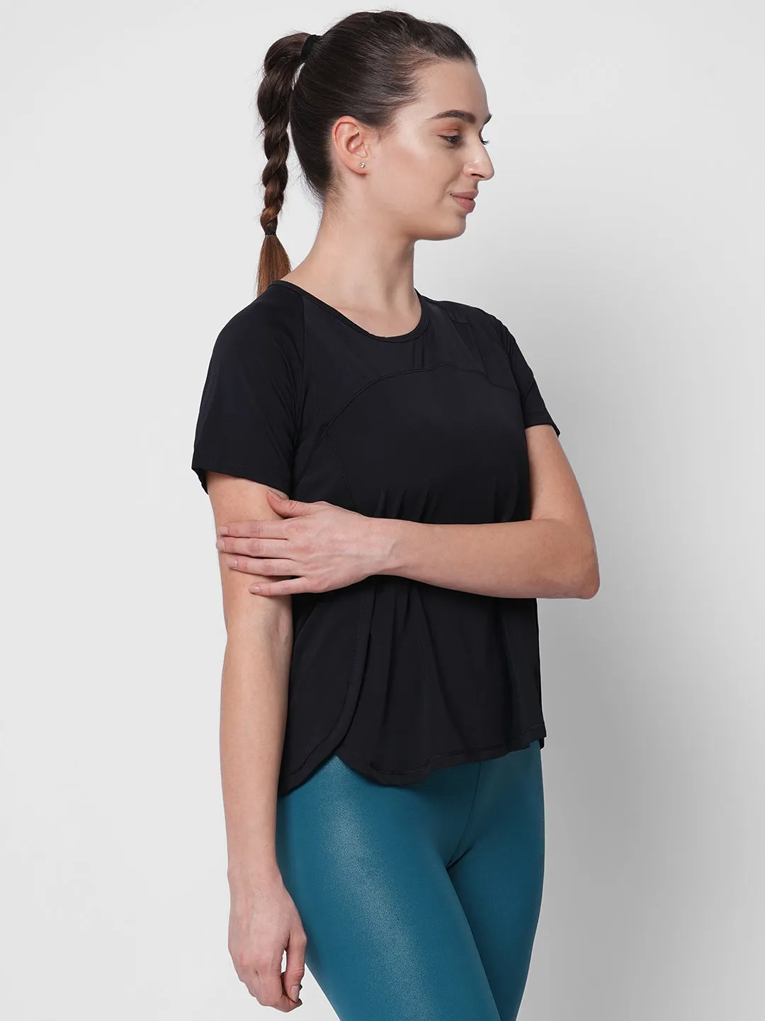Fitkin women black side overlap style tshirt