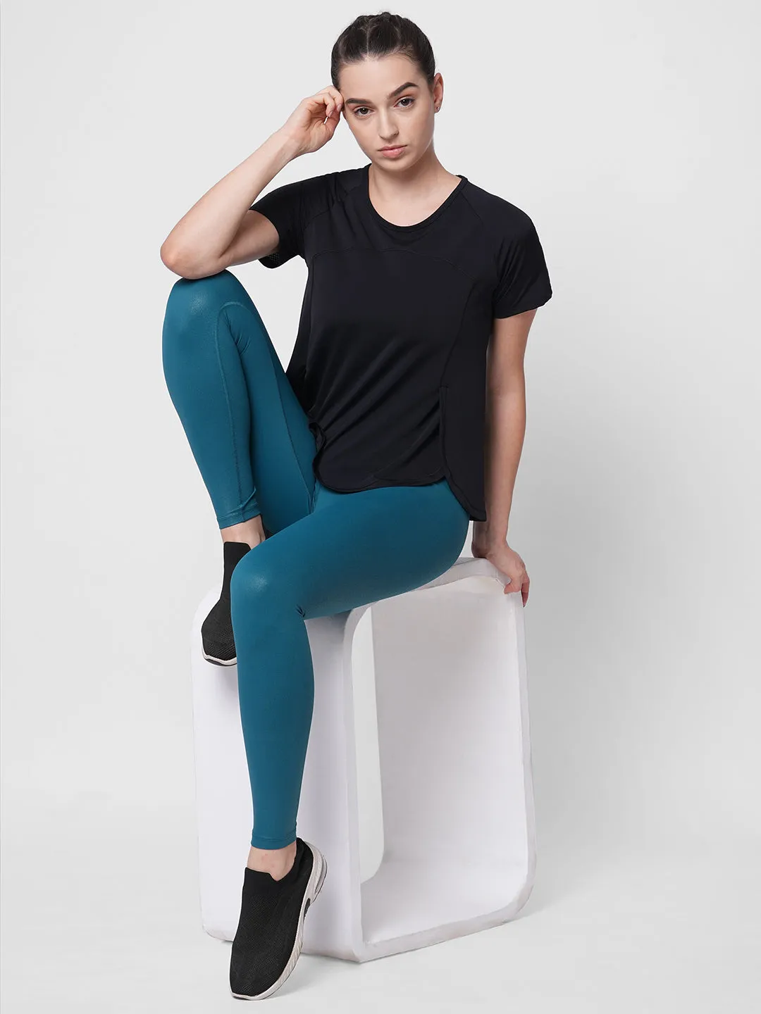 Fitkin women black side overlap style tshirt