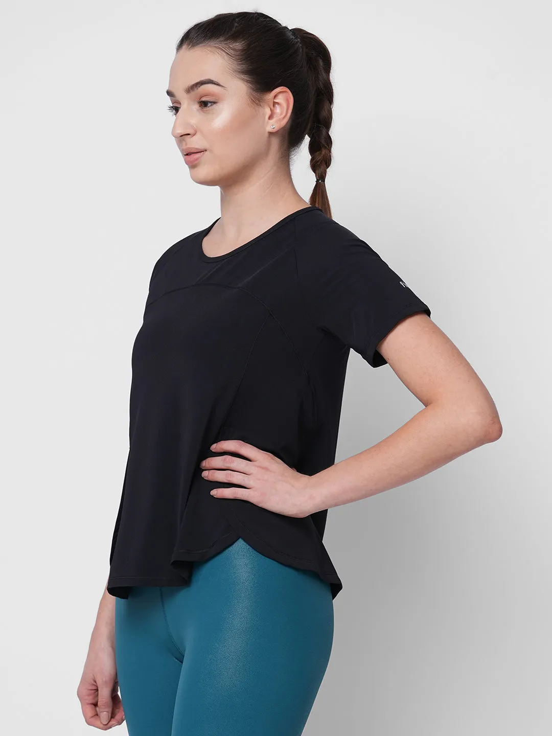 Fitkin women black side overlap style tshirt