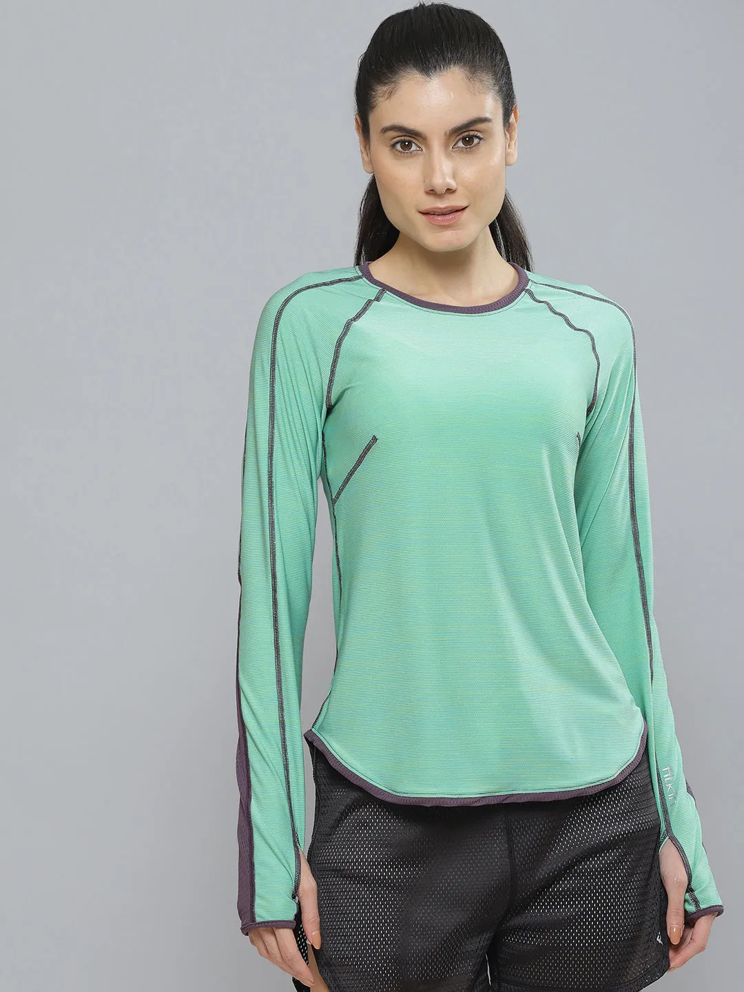 Fitkin Women Green Colourblocked Dry Fit Running T-shirt