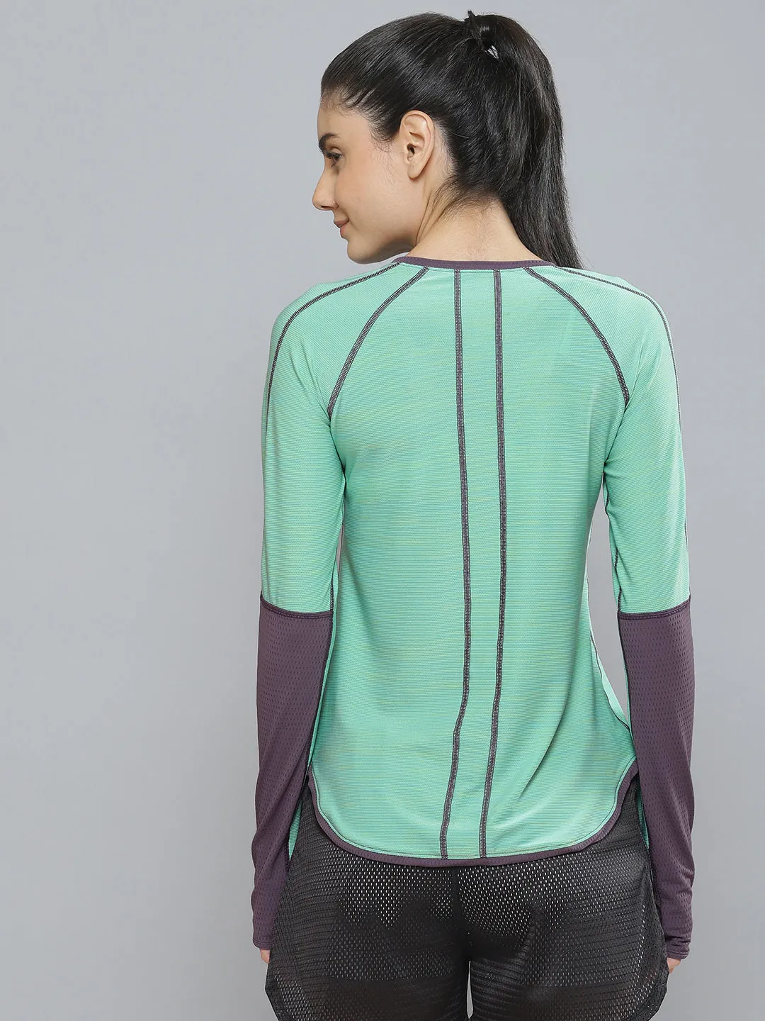 Fitkin Women Green Colourblocked Dry Fit Running T-shirt