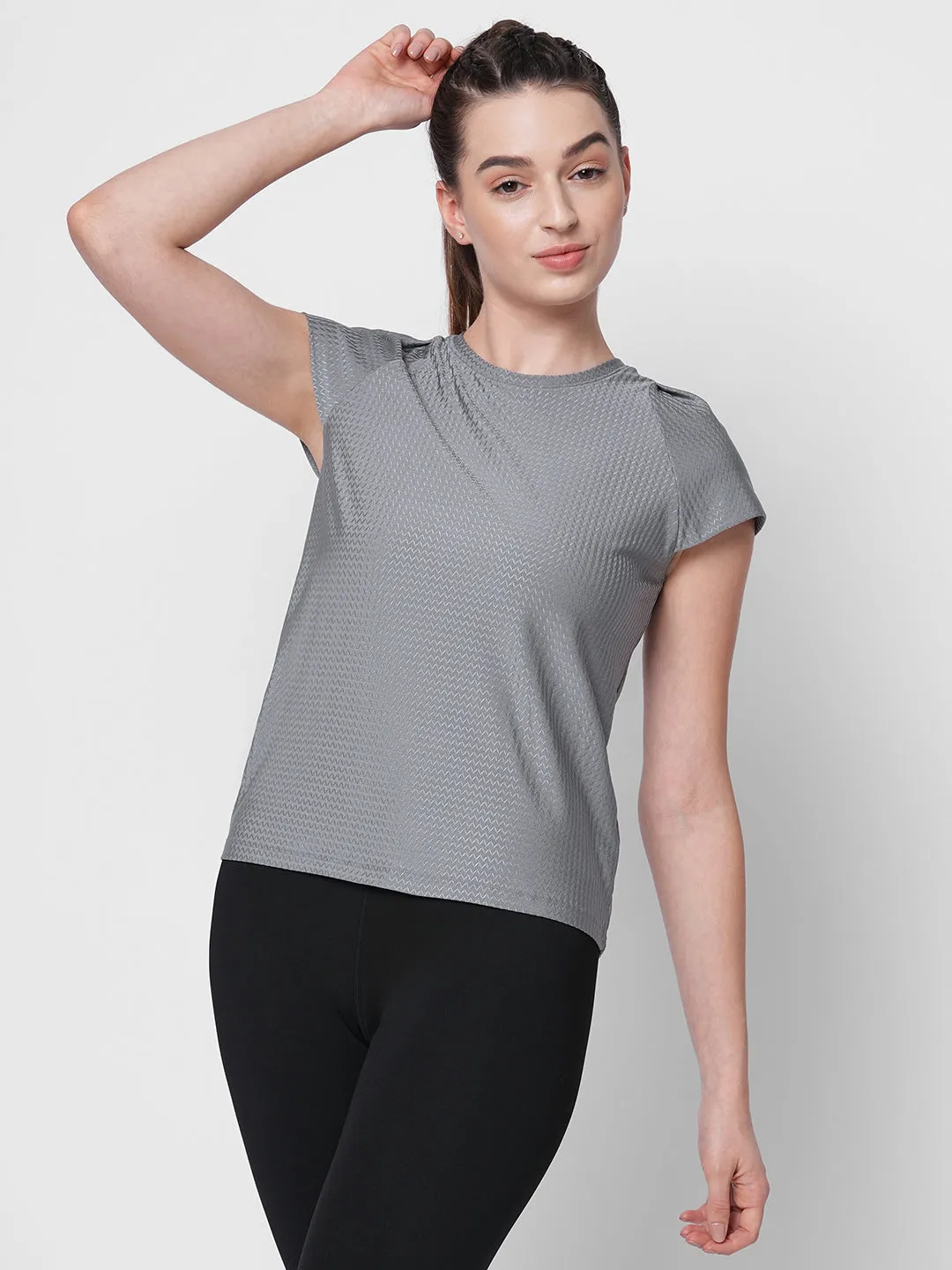 Fitkin women grey self design tshirt with back keyhole design
