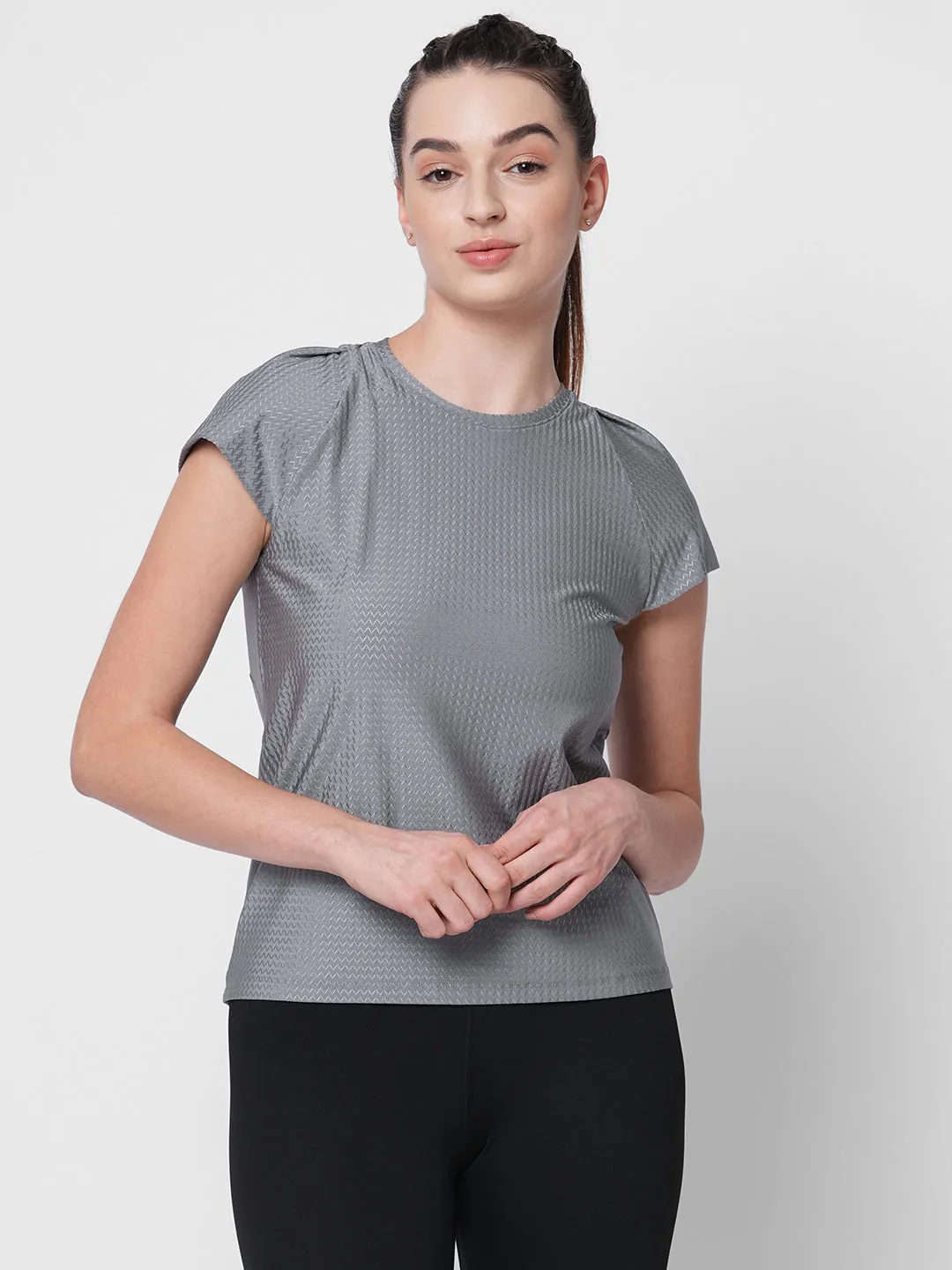 Fitkin women grey self design tshirt with back keyhole design