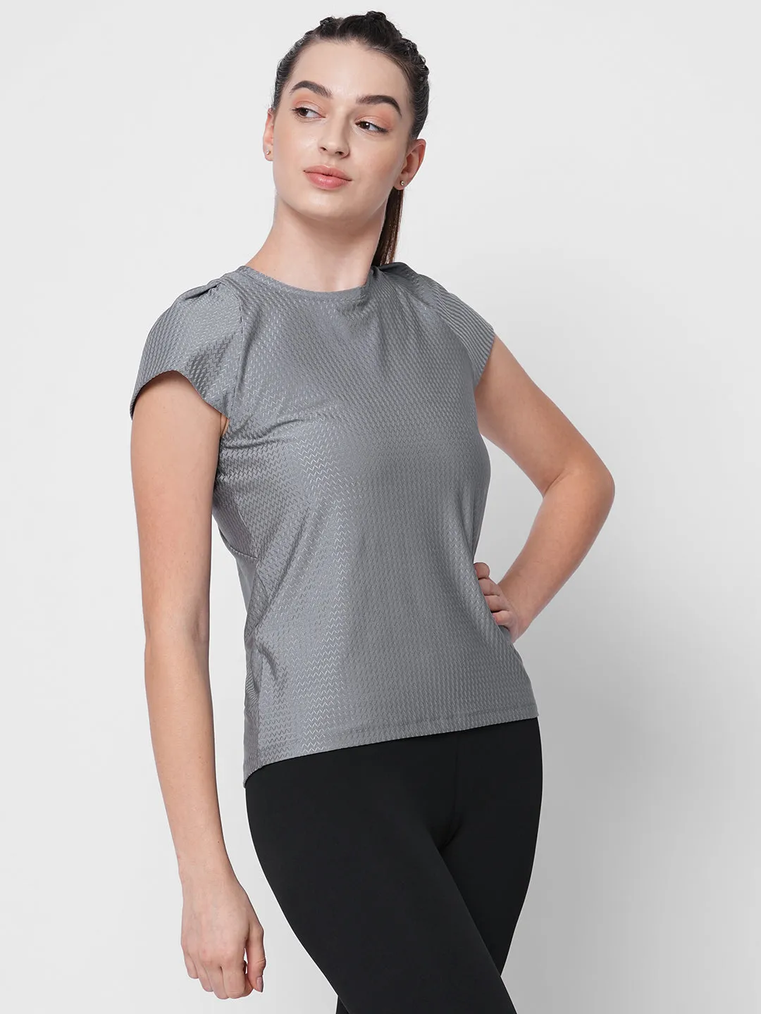 Fitkin women grey self design tshirt with back keyhole design