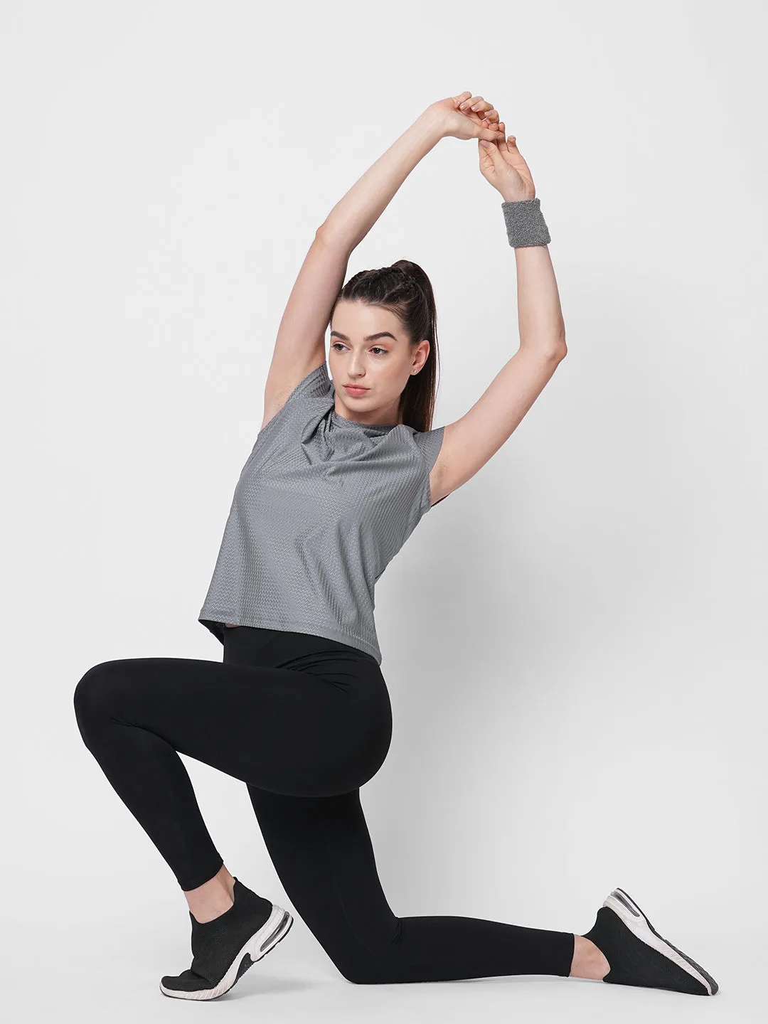 Fitkin women grey self design tshirt with back keyhole design