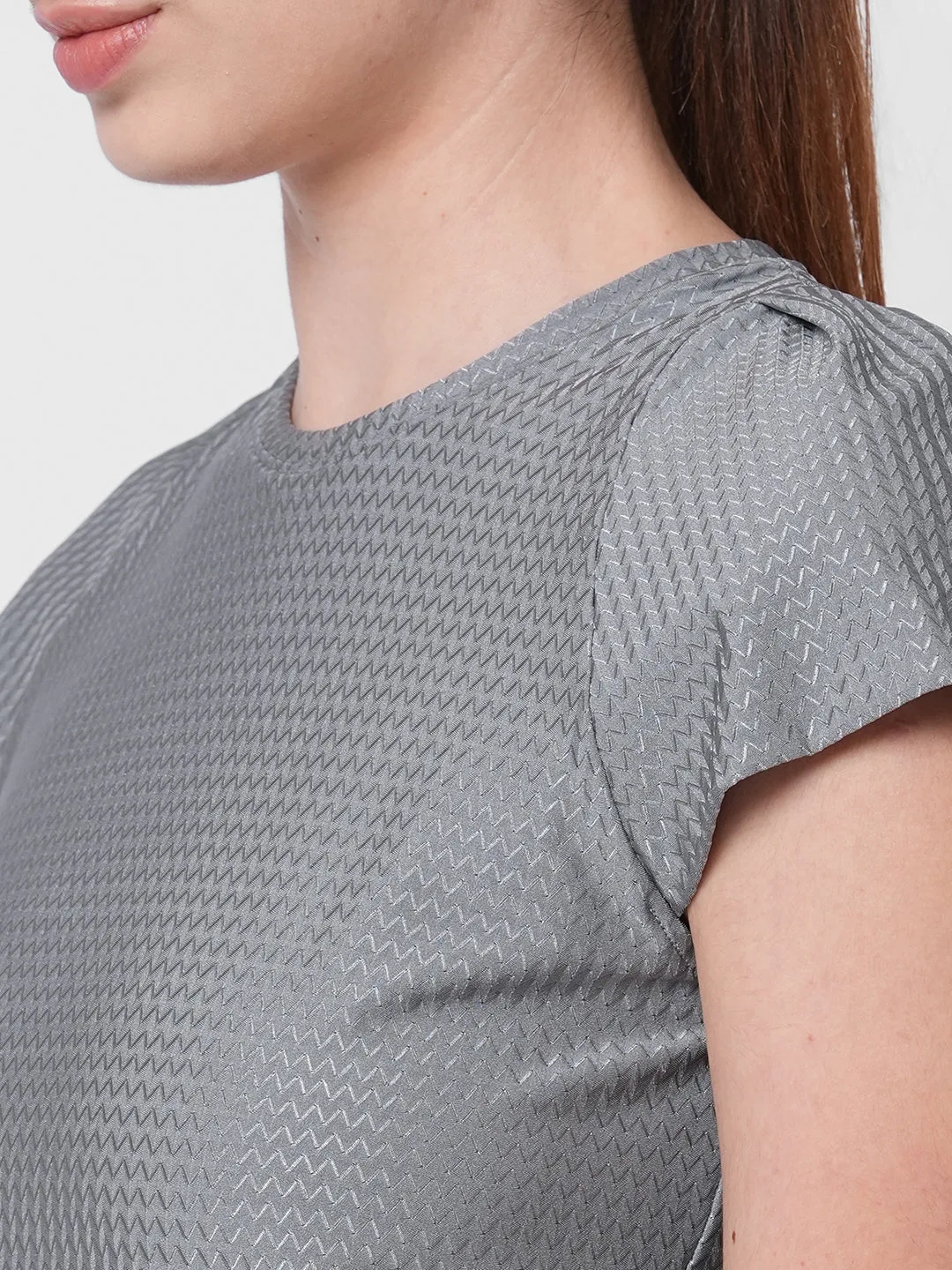 Fitkin women grey self design tshirt with back keyhole design