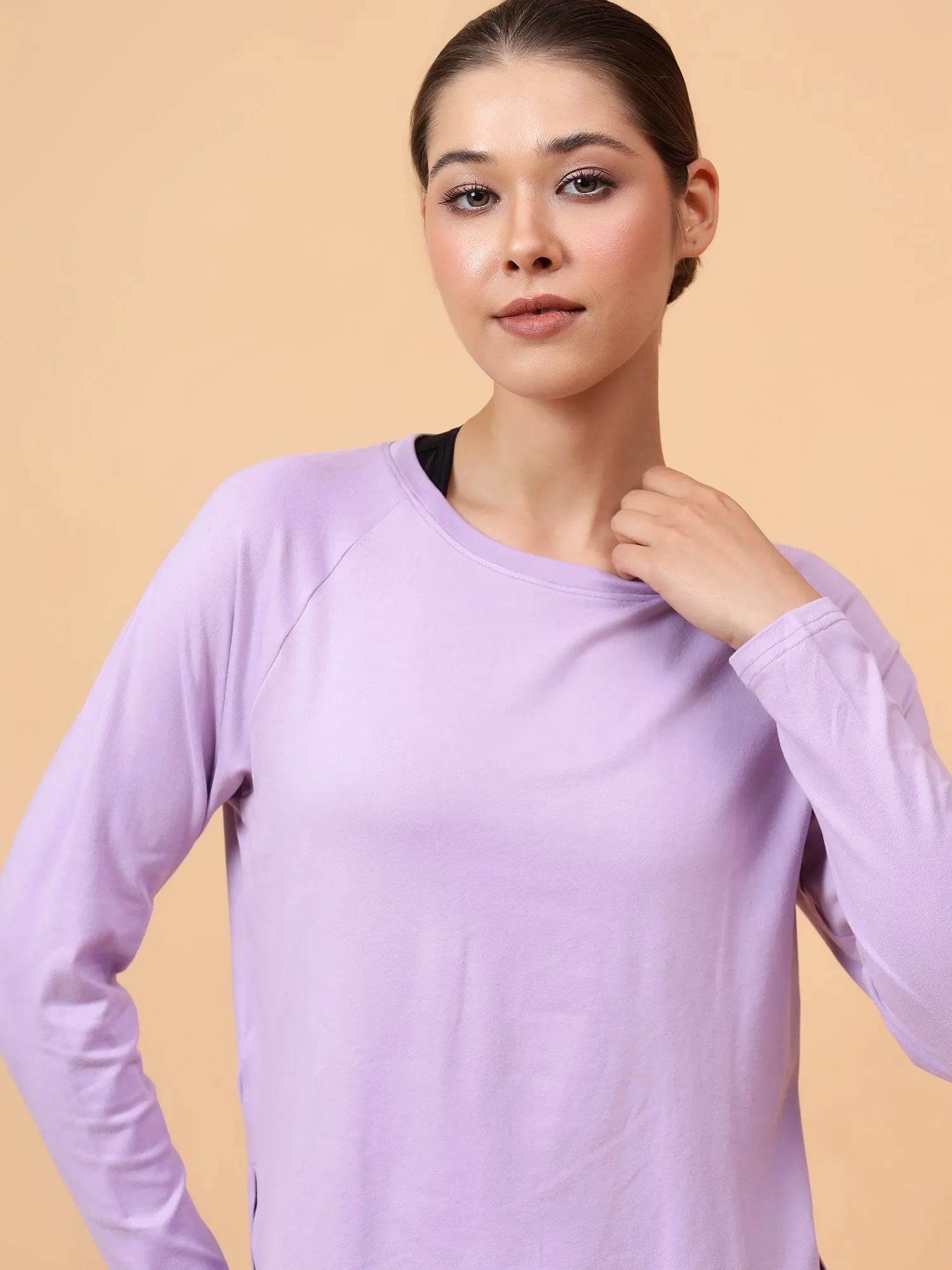 Fitkin Women Lavender Long-sleeved Side Slit Tshirt