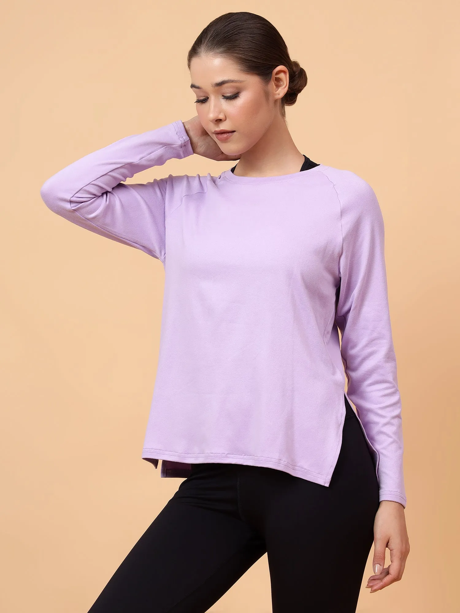 Fitkin Women Lavender Long-sleeved Side Slit Tshirt