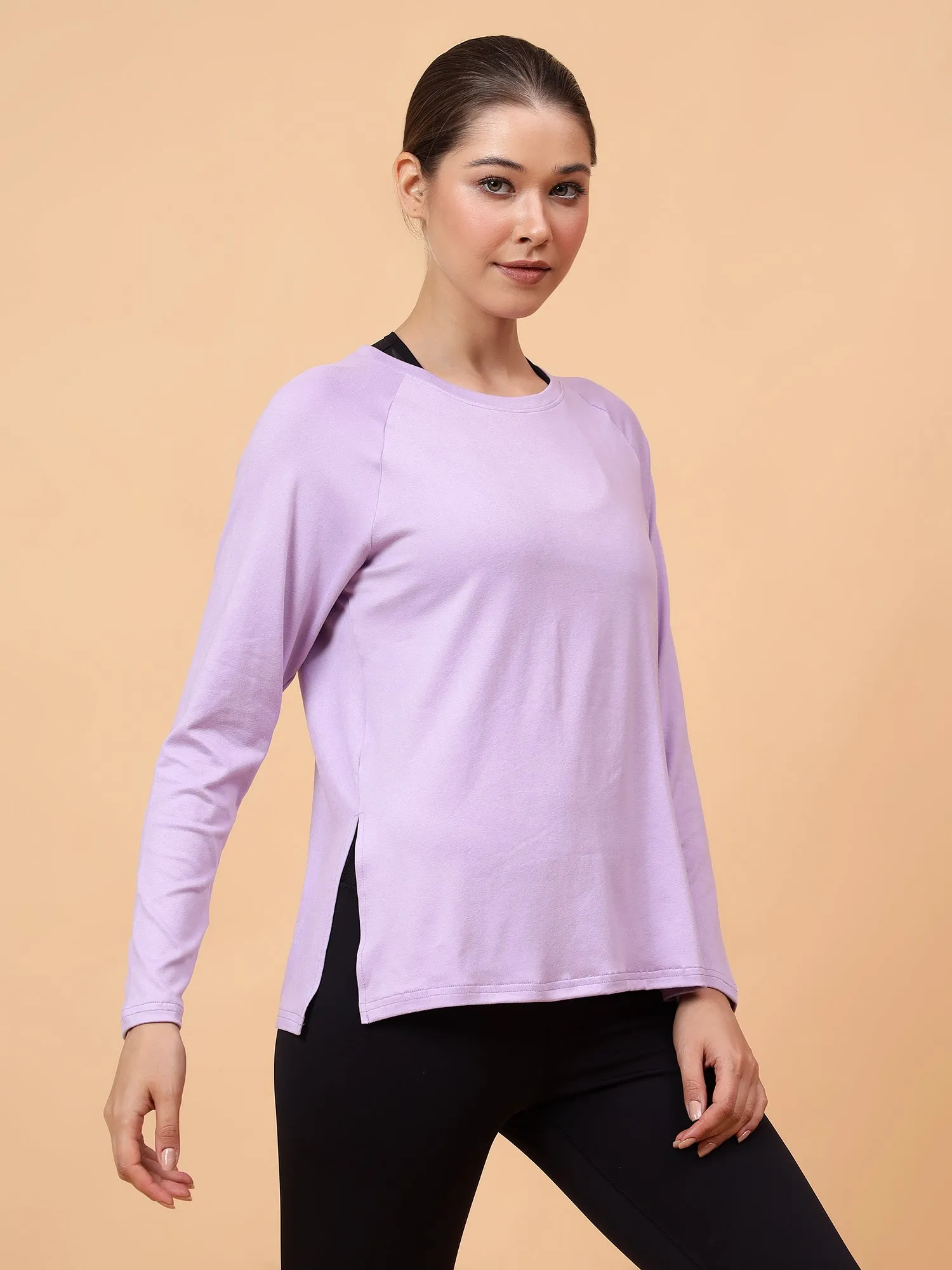 Fitkin Women Lavender Long-sleeved Side Slit Tshirt