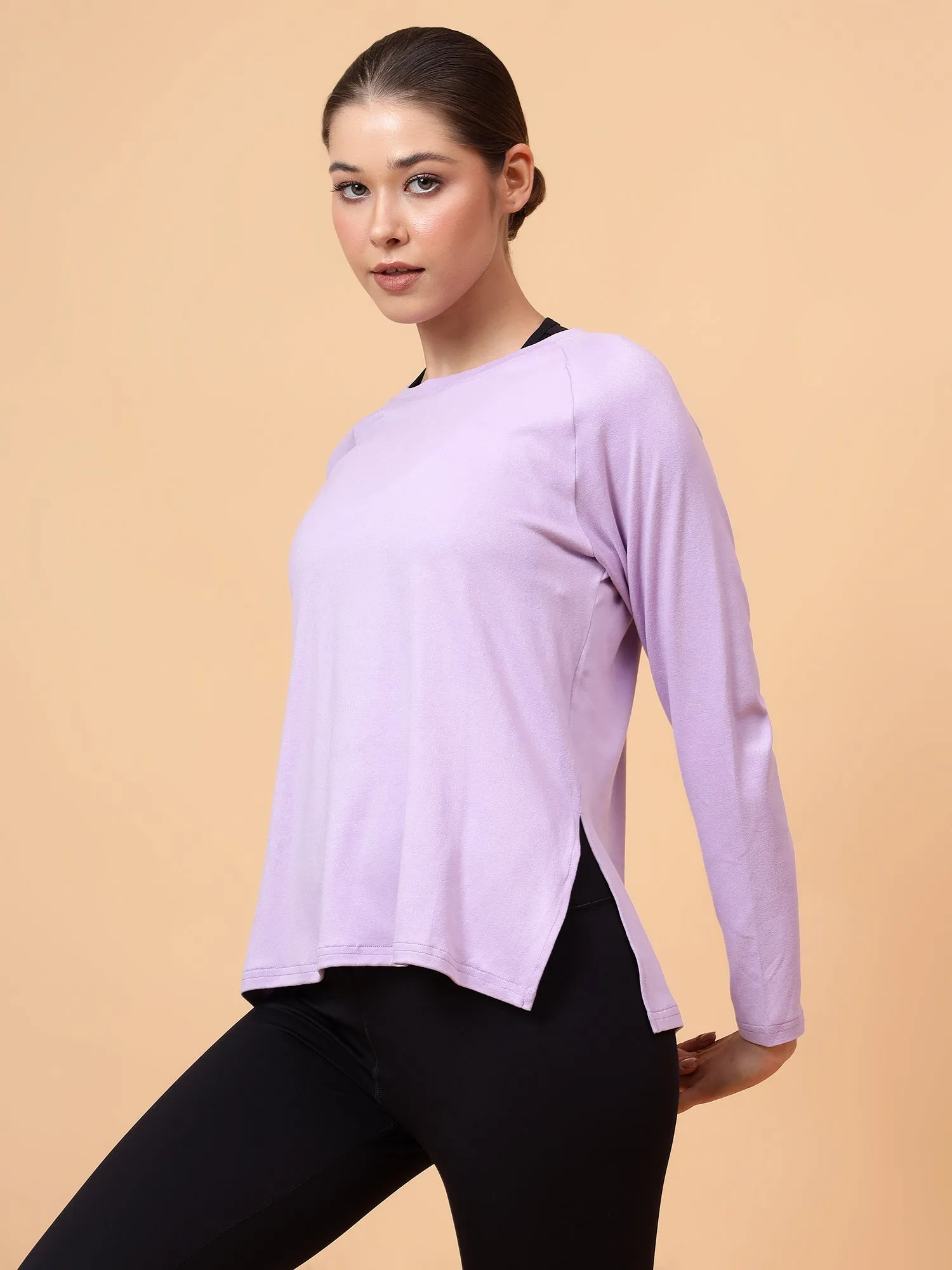 Fitkin Women Lavender Long-sleeved Side Slit Tshirt