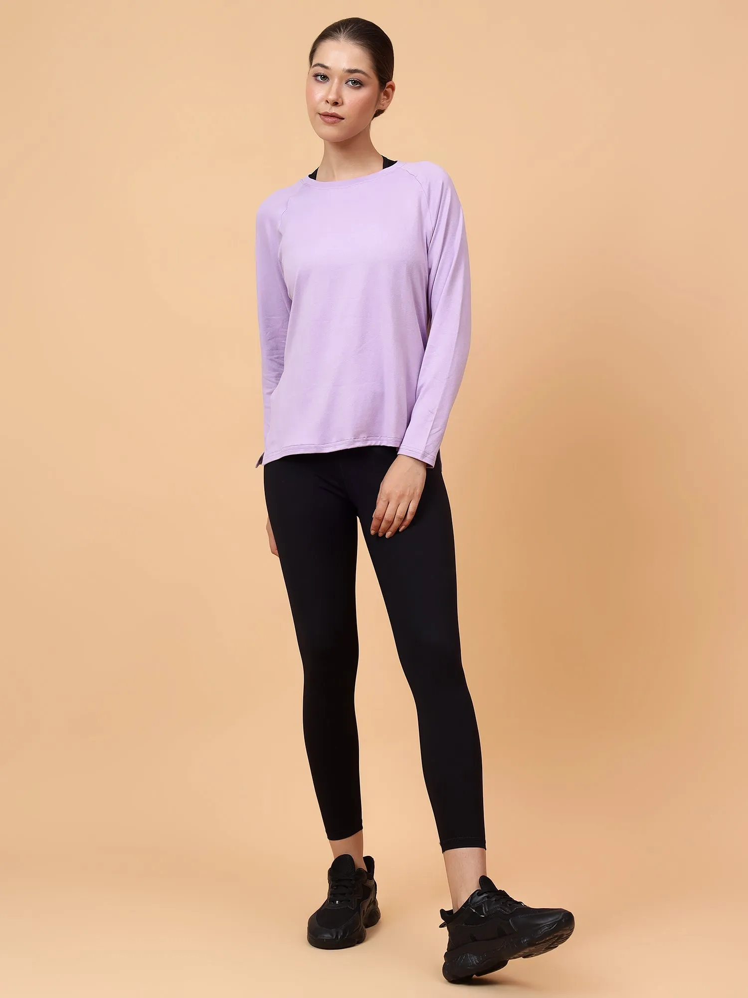 Fitkin Women Lavender Long-sleeved Side Slit Tshirt