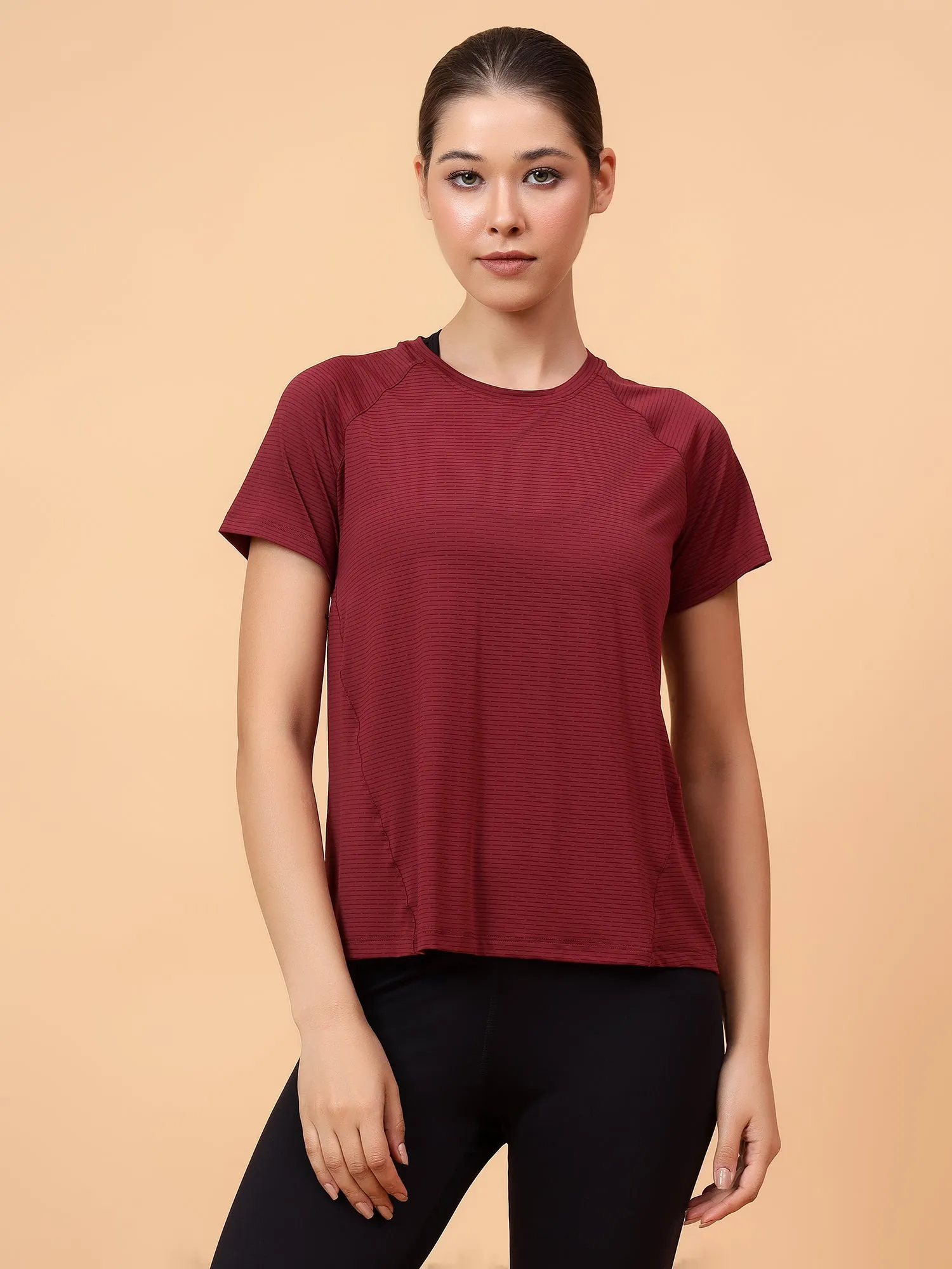 Fitkin Women Maroon Self Stripe Round Neck Tshirt