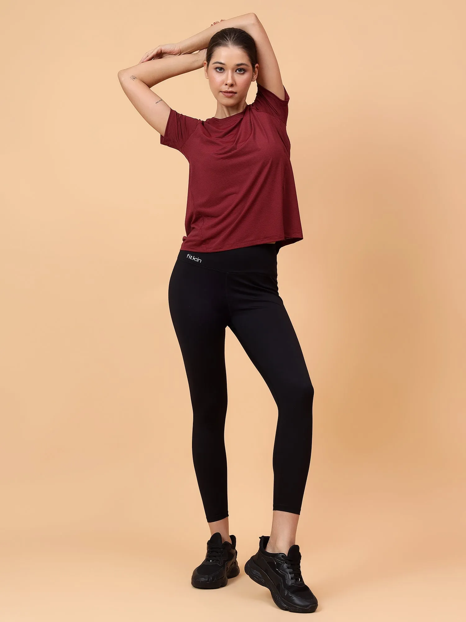 Fitkin Women Maroon Self Stripe Round Neck Tshirt