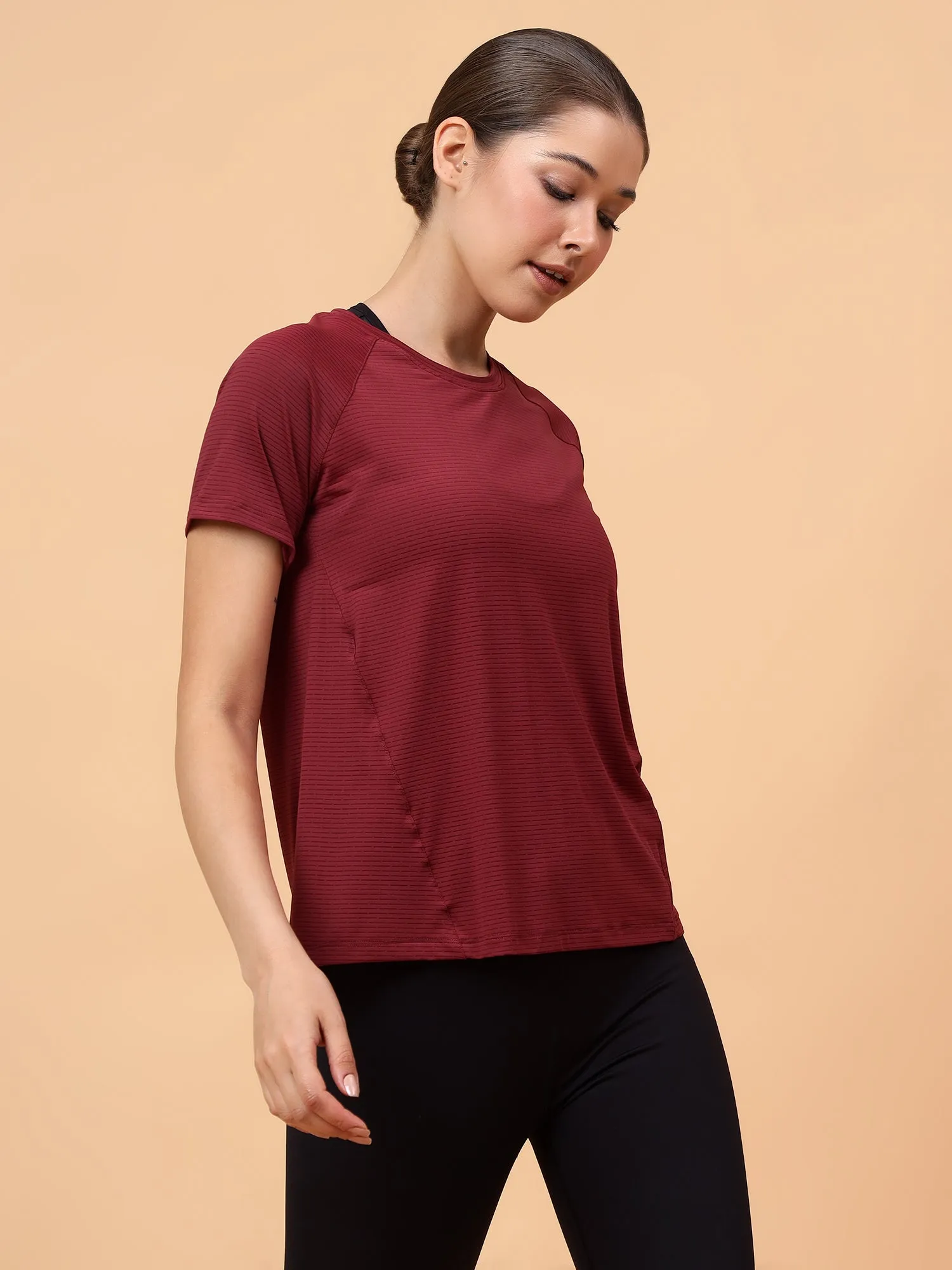 Fitkin Women Maroon Self Stripe Round Neck Tshirt