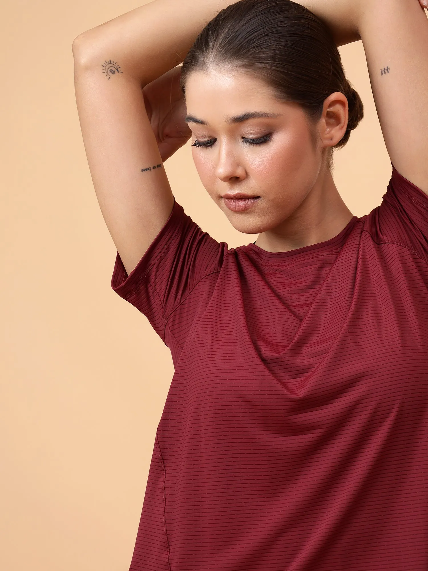 Fitkin Women Maroon Self Stripe Round Neck Tshirt