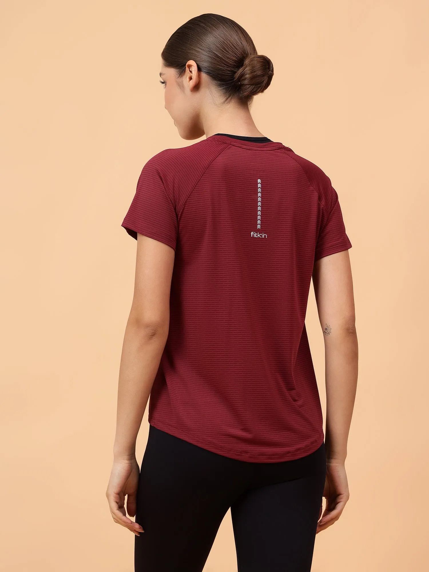Fitkin Women Maroon Self Stripe Round Neck Tshirt