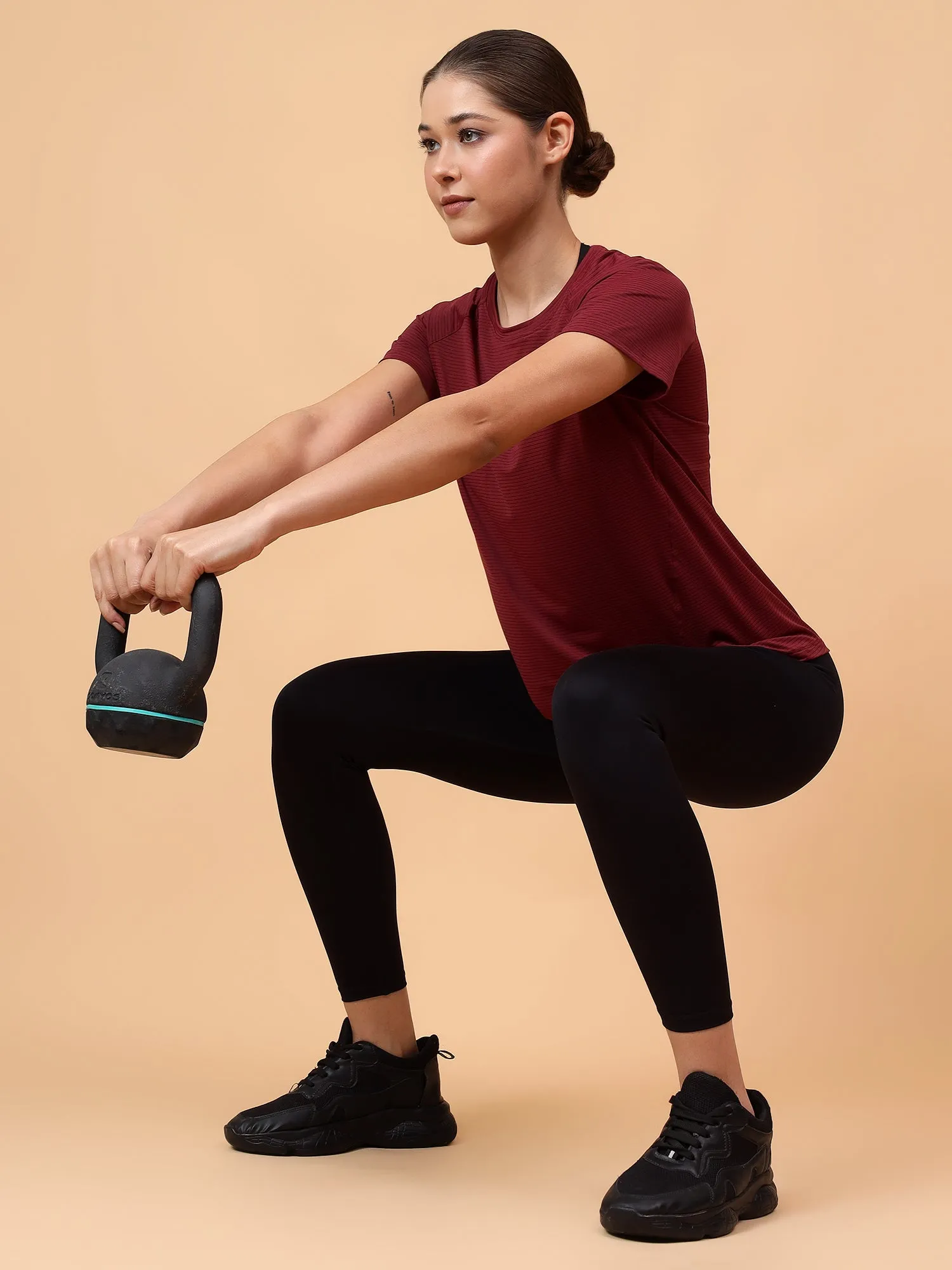 Fitkin Women Maroon Self Stripe Round Neck Tshirt