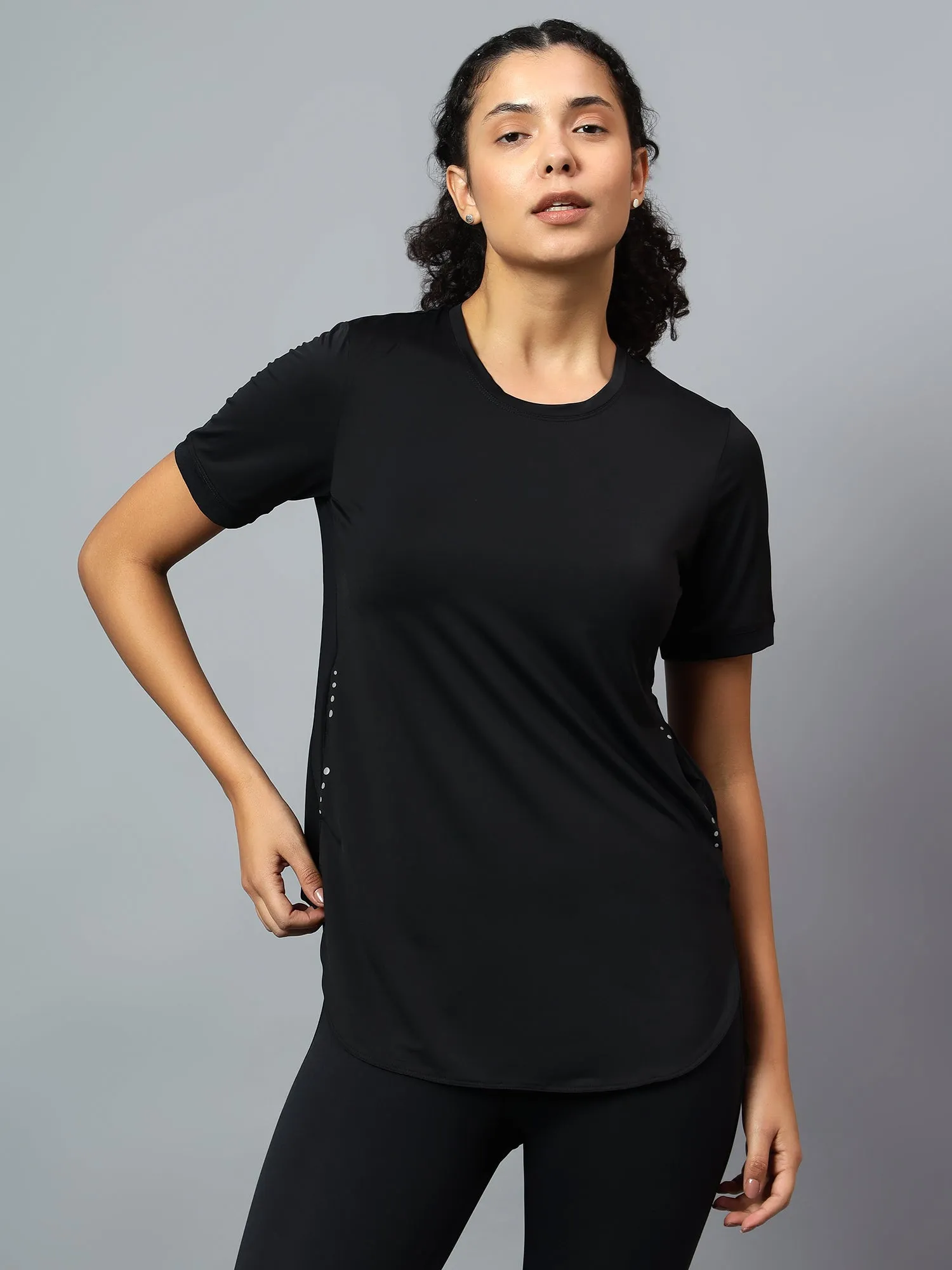 Fitkin Women's Black Side Pocket Active Kurta Tshirt