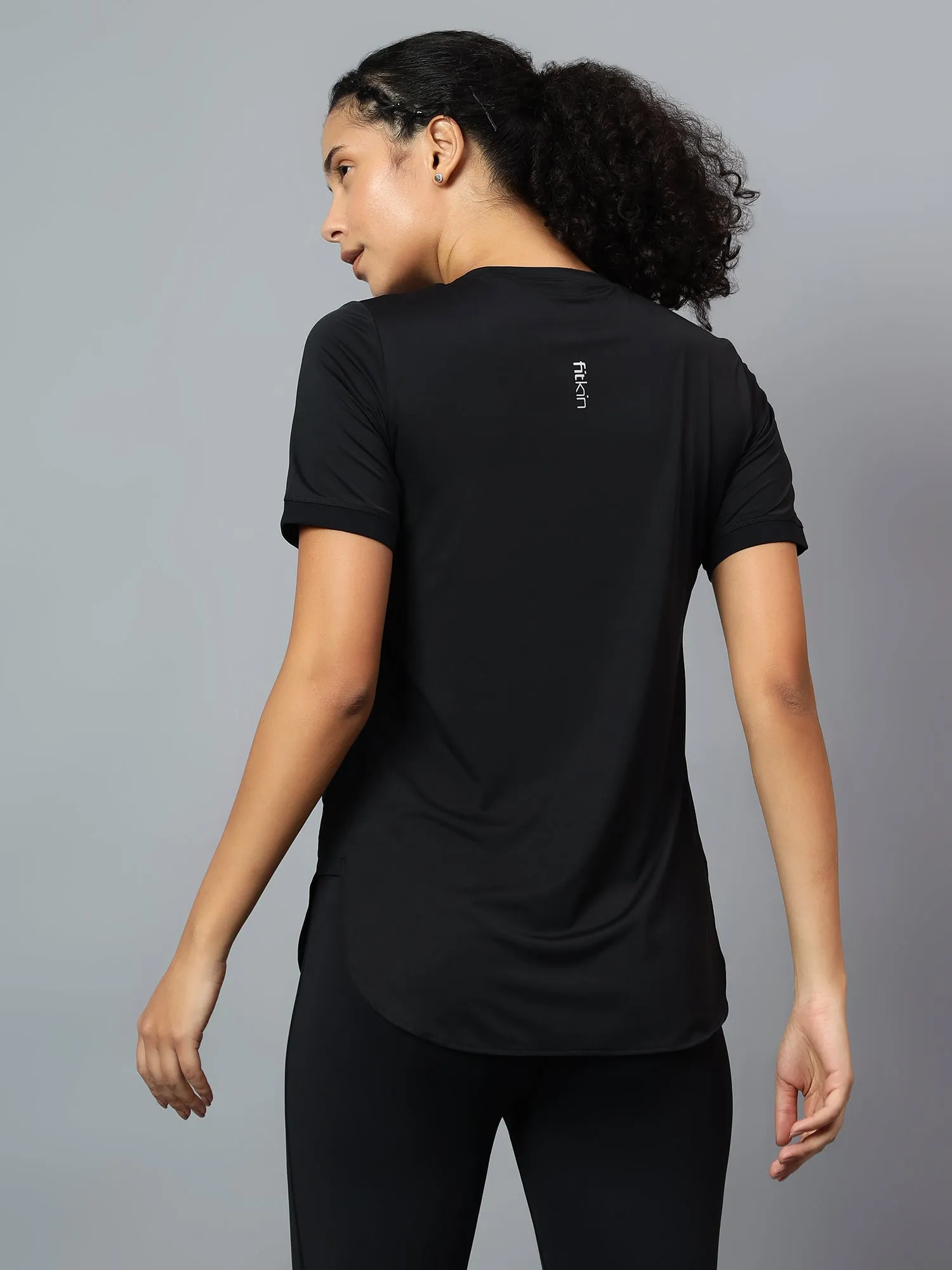 Fitkin Women's Black Side Pocket Active Kurta Tshirt