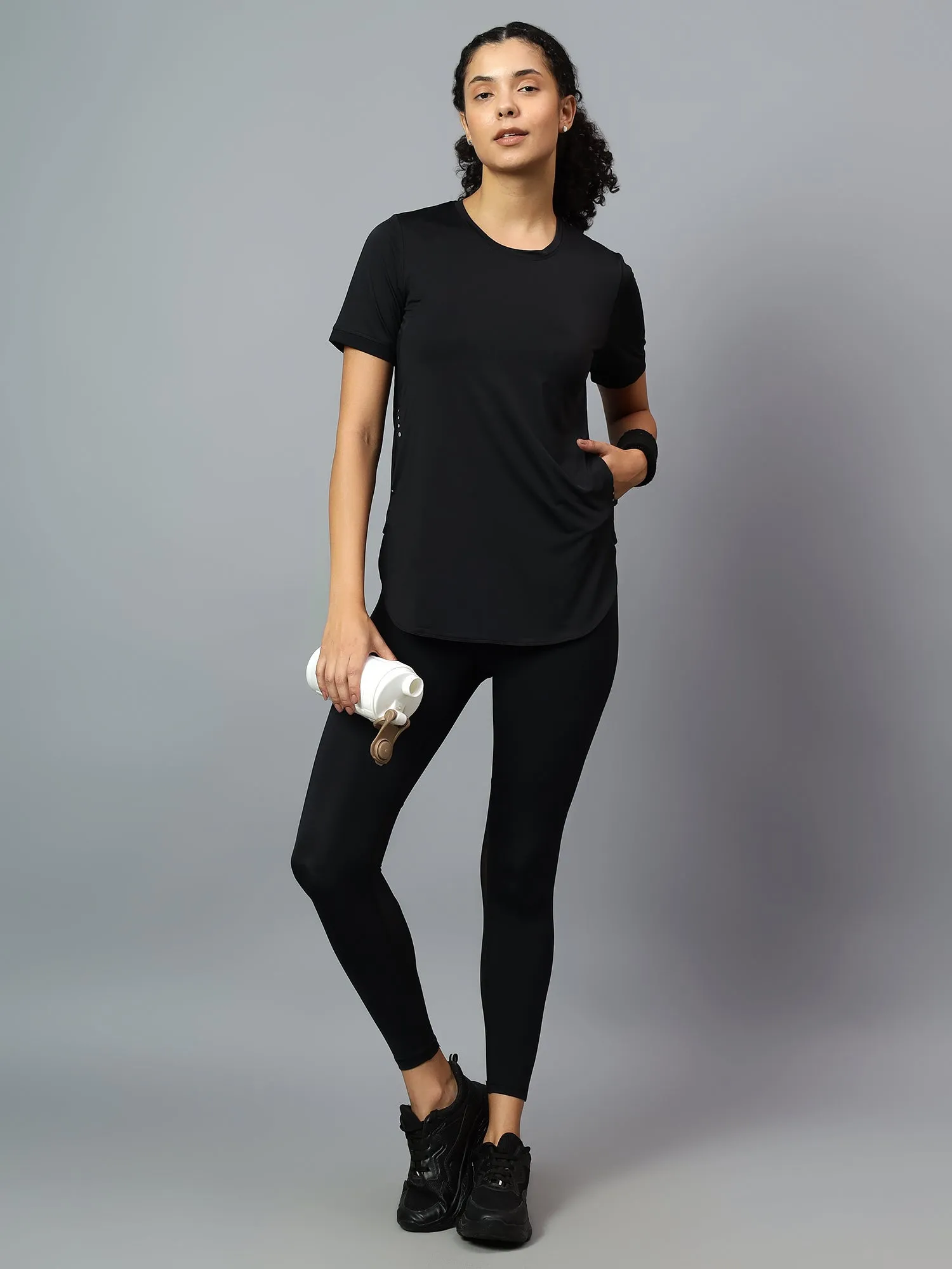 Fitkin Women's Black Side Pocket Active Kurta Tshirt