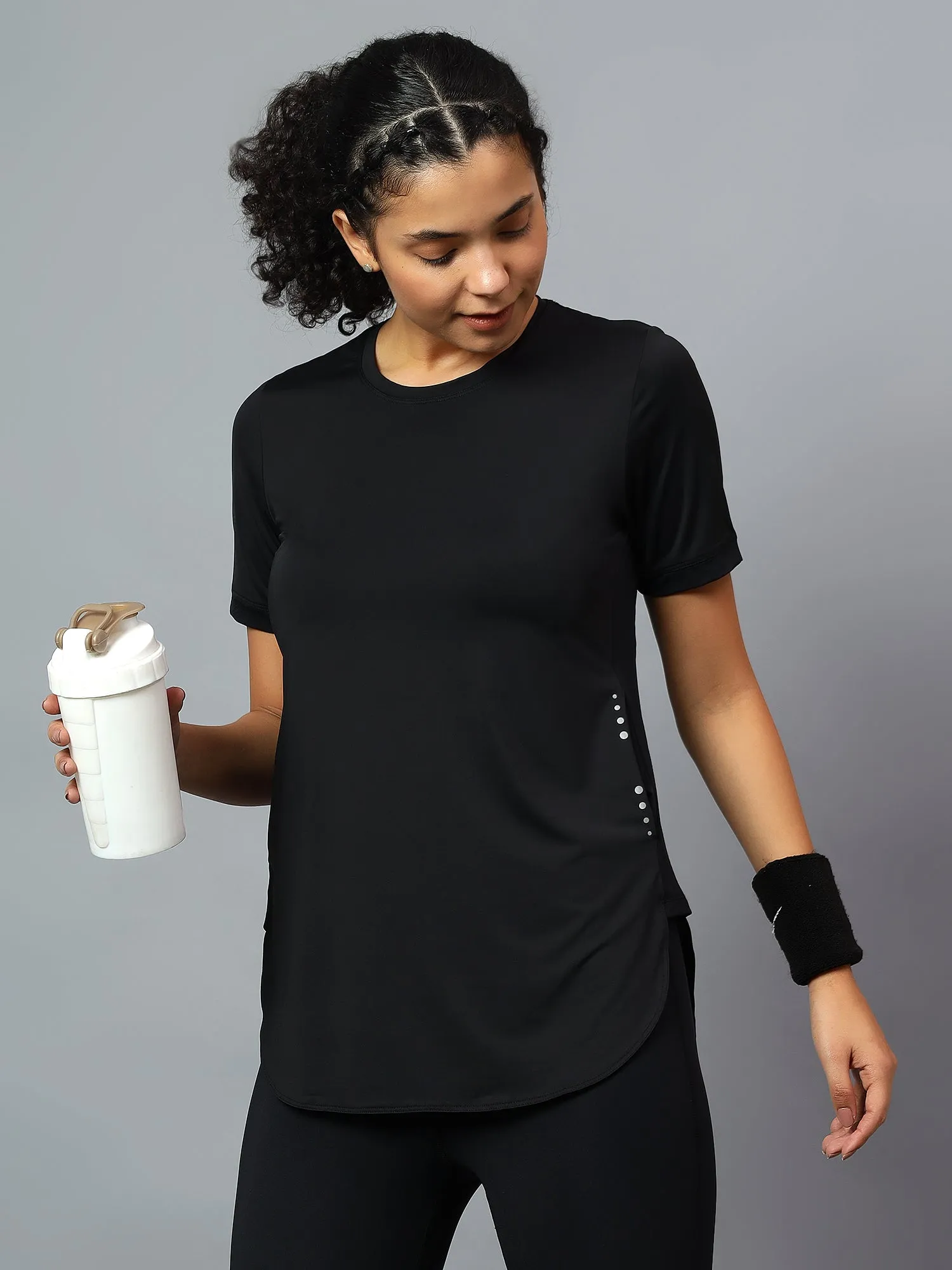 Fitkin Women's Black Side Pocket Active Kurta Tshirt