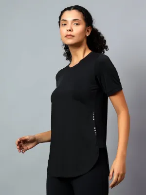 Fitkin Women's Black Side Pocket Active Kurta Tshirt