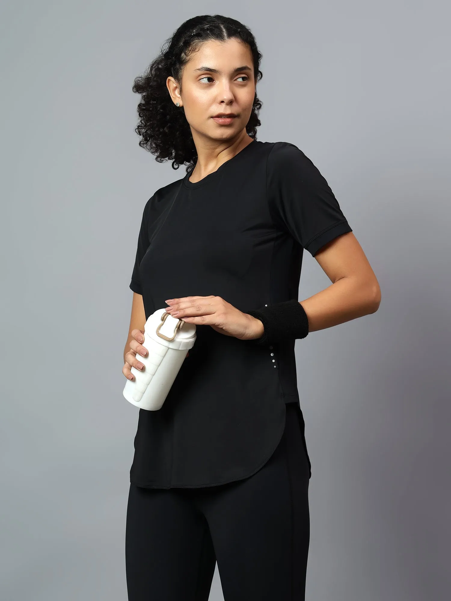 Fitkin Women's Black Side Pocket Active Kurta Tshirt
