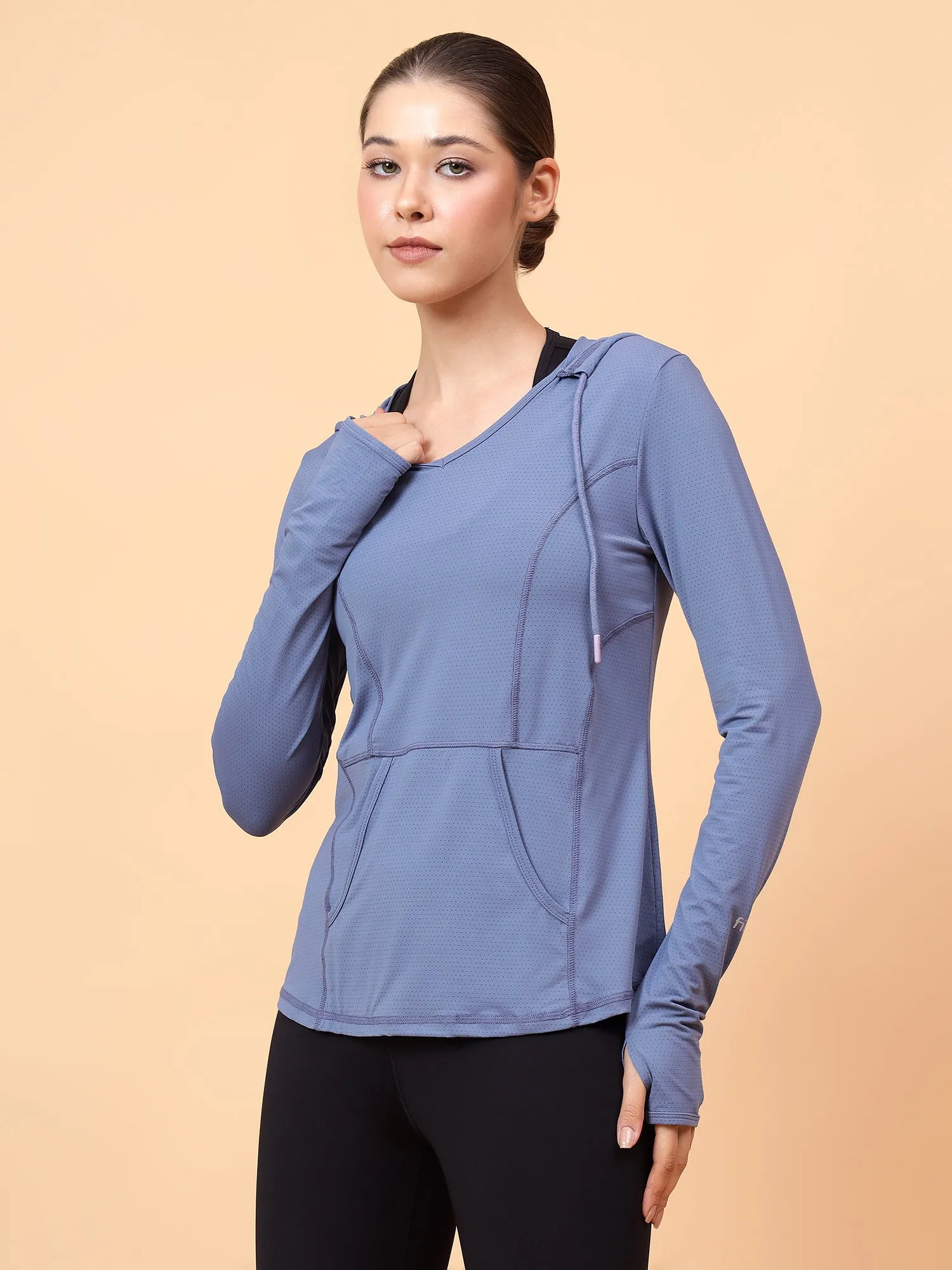 Fitkin Women's Blue Self Design Longsleeve Hooded Tshirt