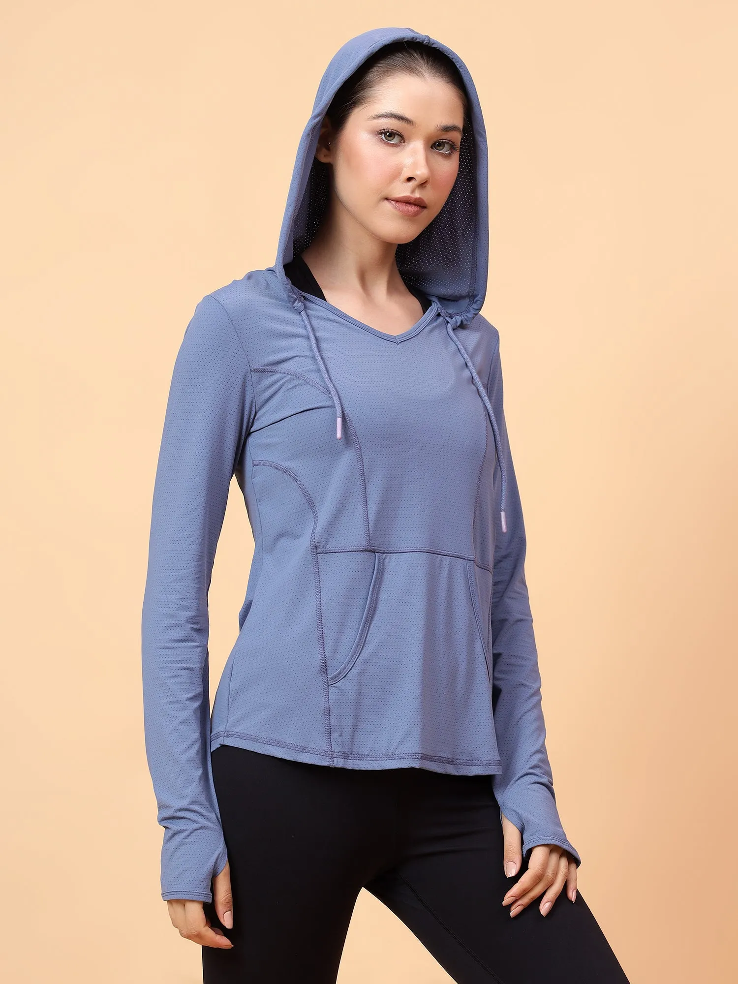 Fitkin Women's Blue Self Design Longsleeve Hooded Tshirt