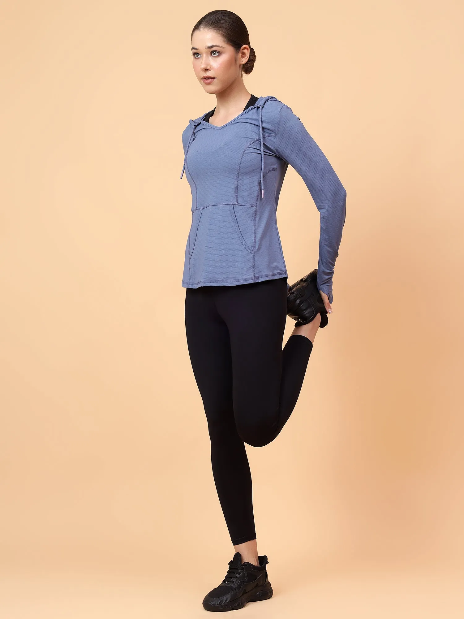 Fitkin Women's Blue Self Design Longsleeve Hooded Tshirt