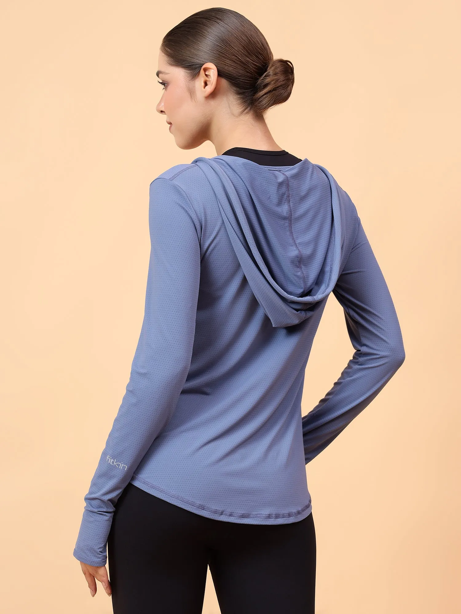 Fitkin Women's Blue Self Design Longsleeve Hooded Tshirt