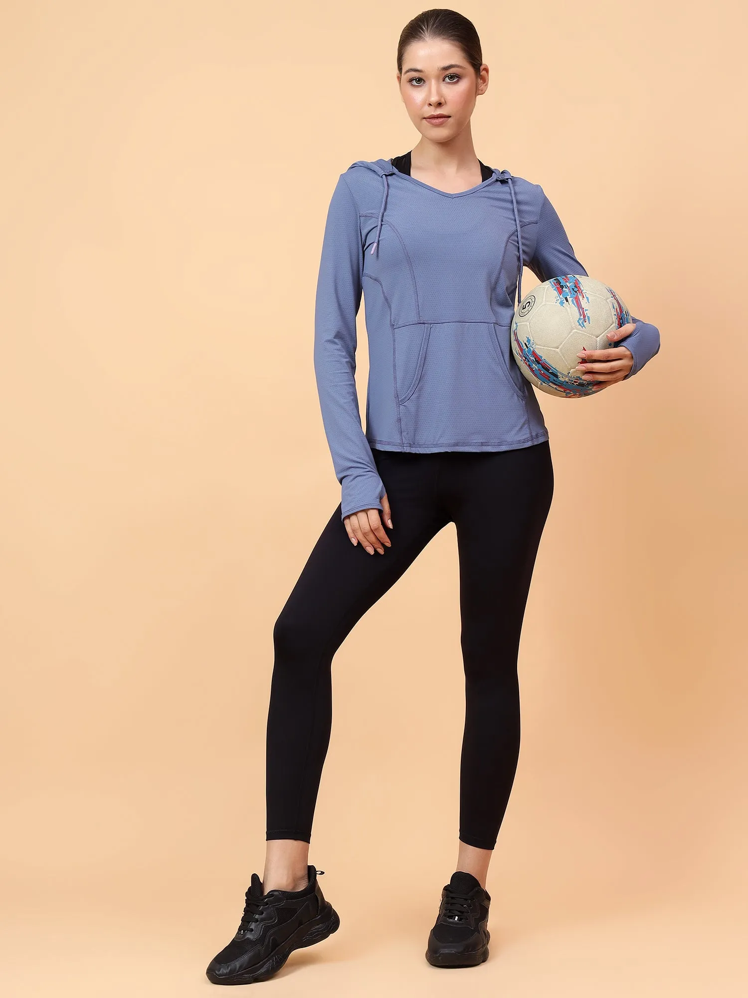 Fitkin Women's Blue Self Design Longsleeve Hooded Tshirt