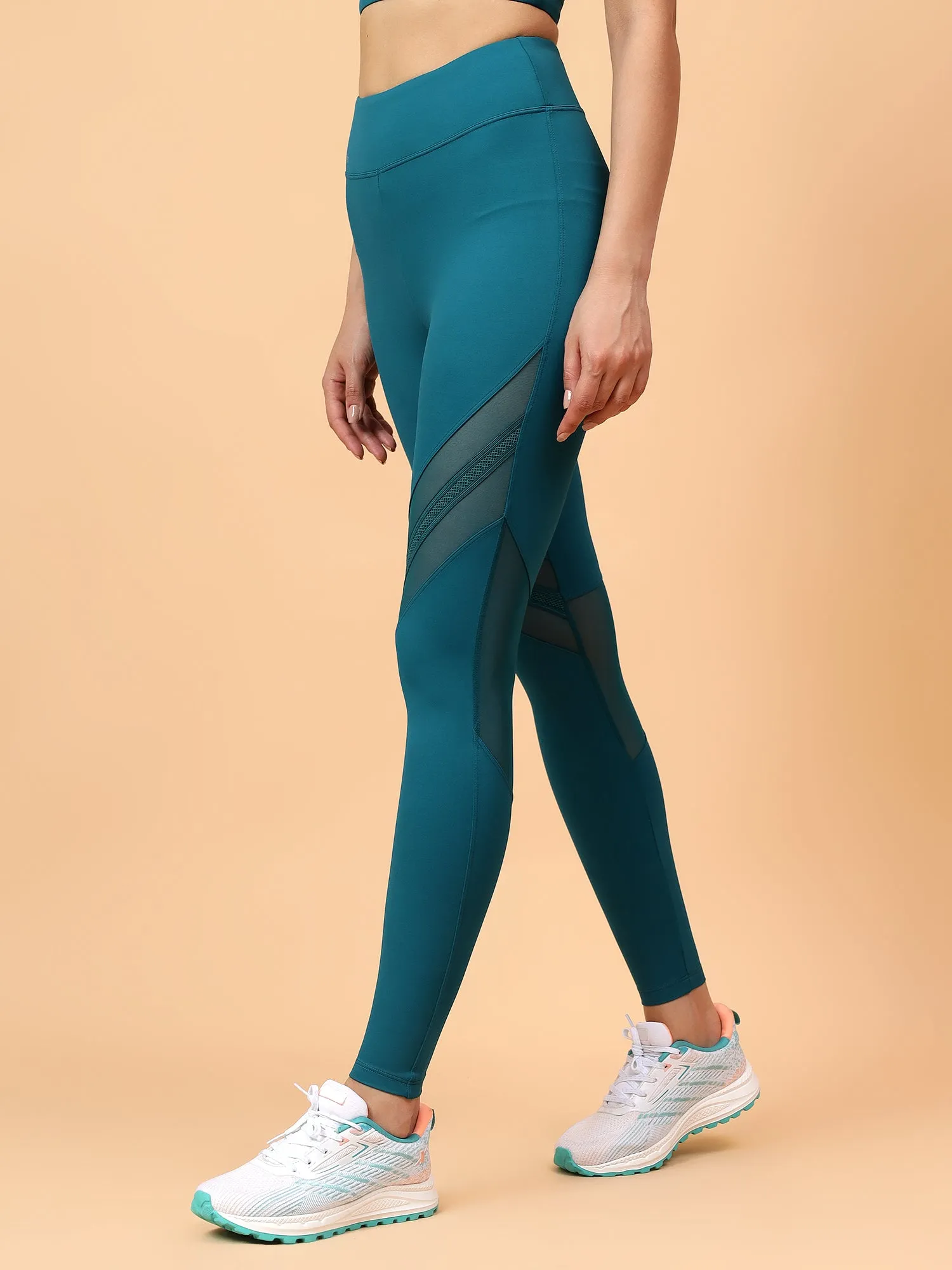 Fitkin Women's Teal Green Front Lace Panel Detail Tights