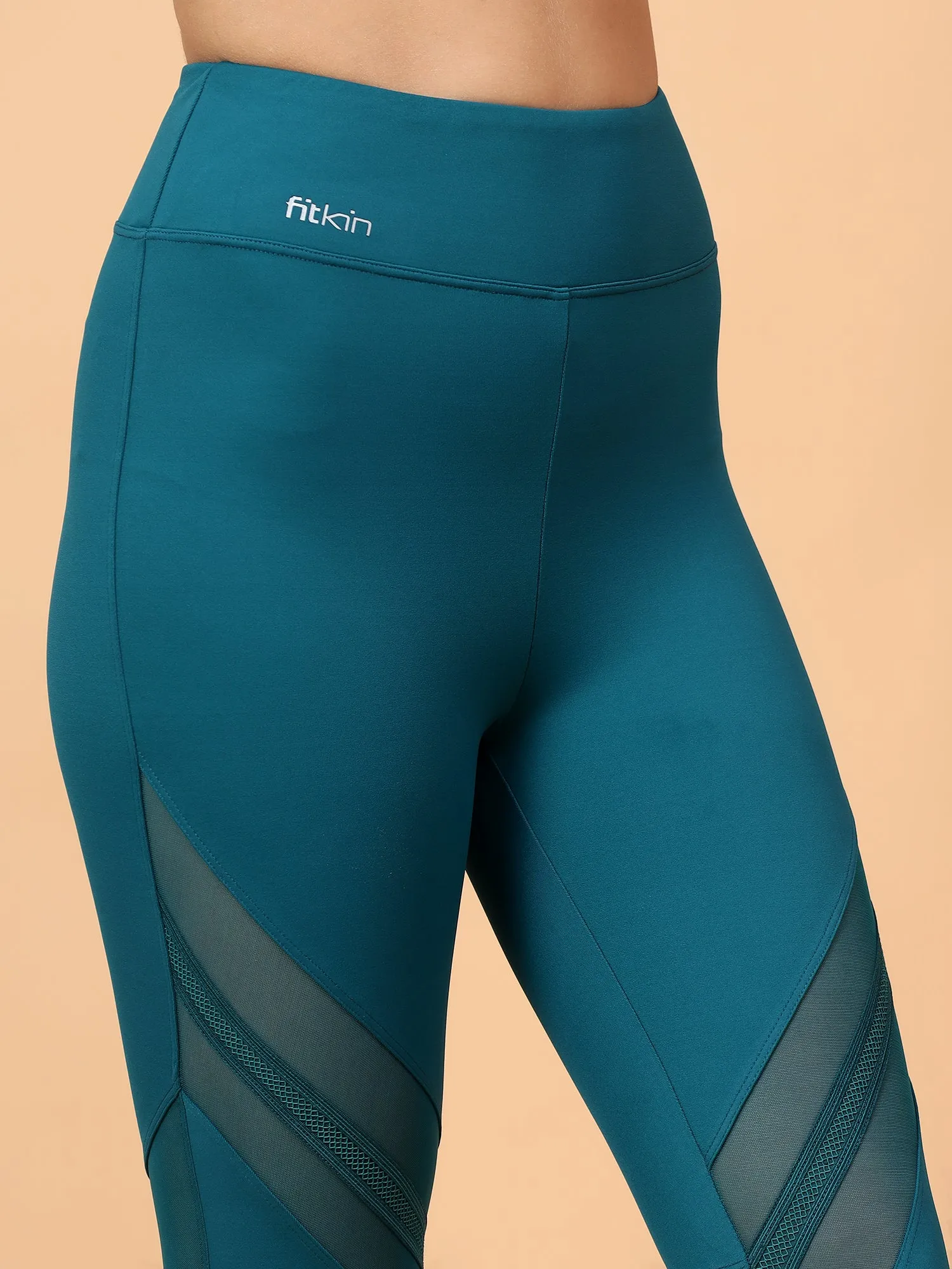 Fitkin Women's Teal Green Front Lace Panel Detail Tights
