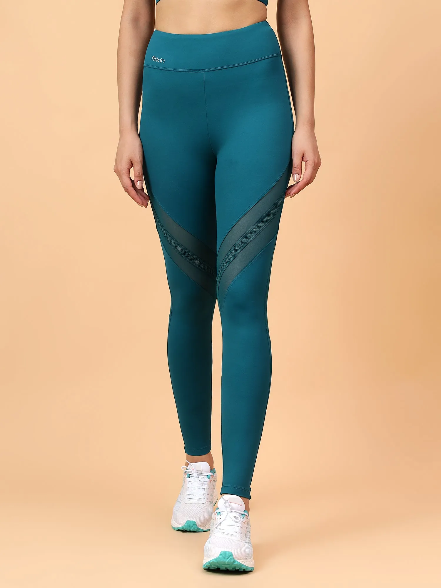 Fitkin Women's Teal Green Front Lace Panel Detail Tights