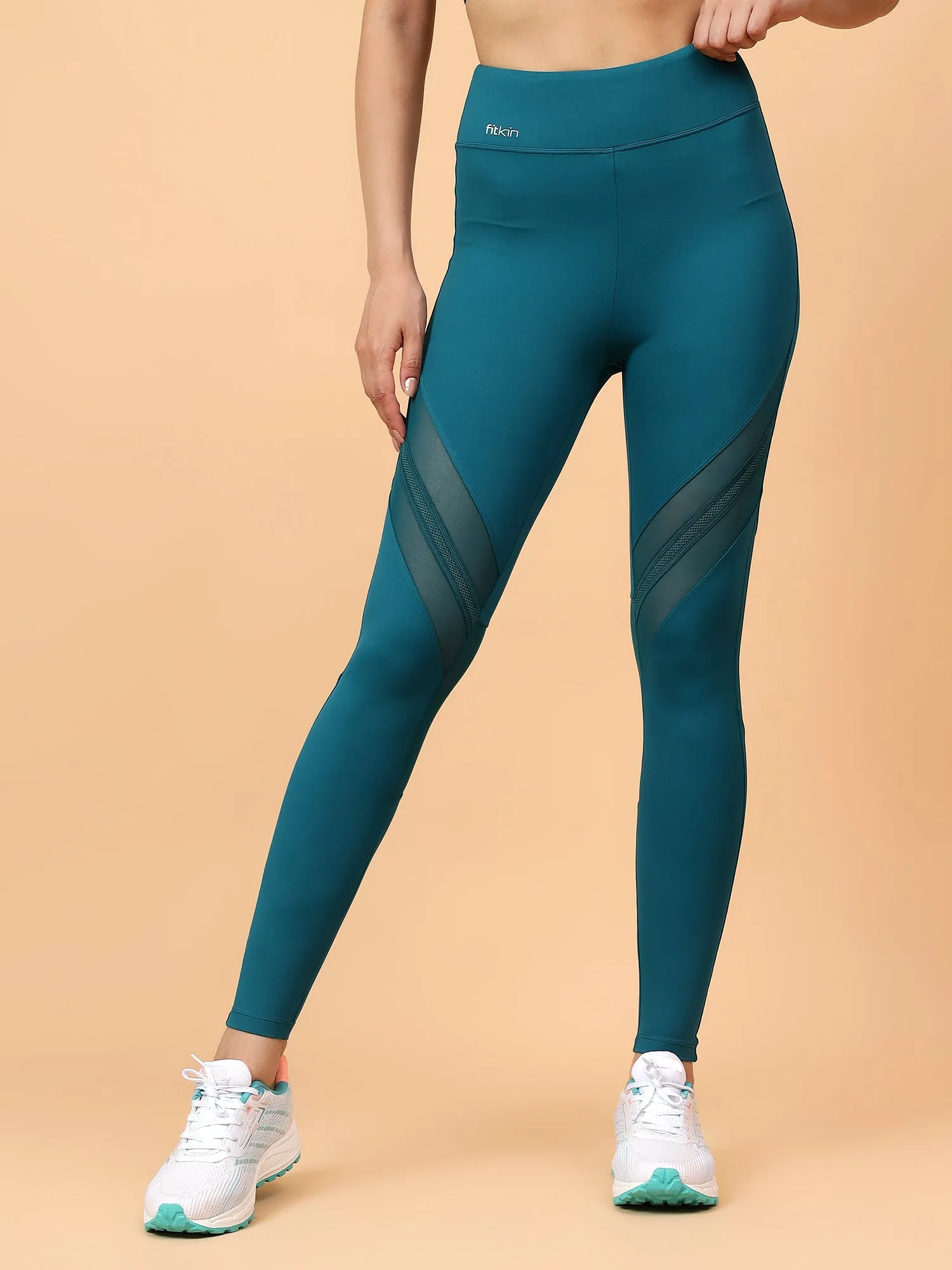 Fitkin Women's Teal Green Front Lace Panel Detail Tights