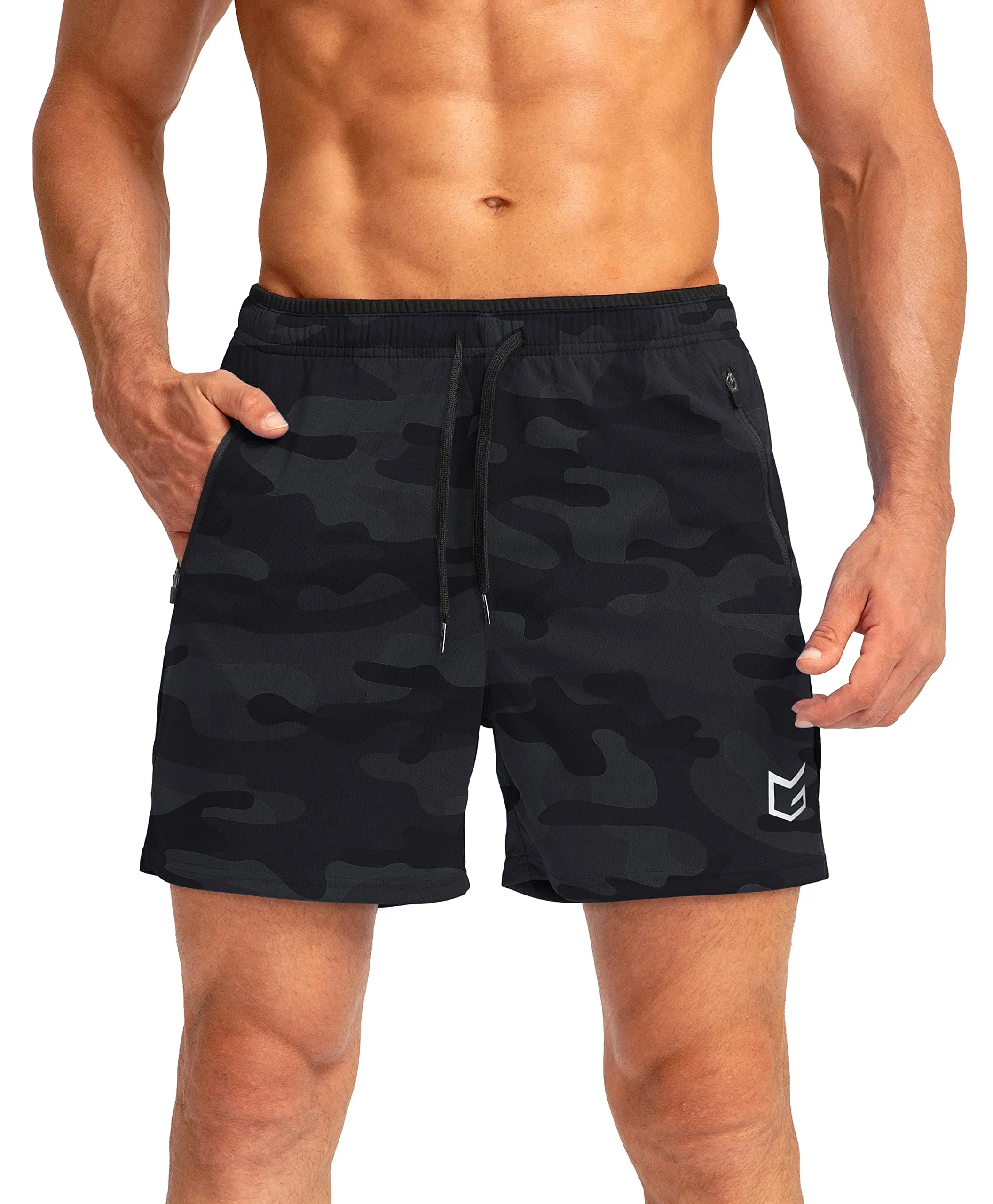 G Gradual Men's Running Shorts with Zipper Pockets Quick Dry Gym Athletic Workout 5" Shorts for Men (Grey camo)