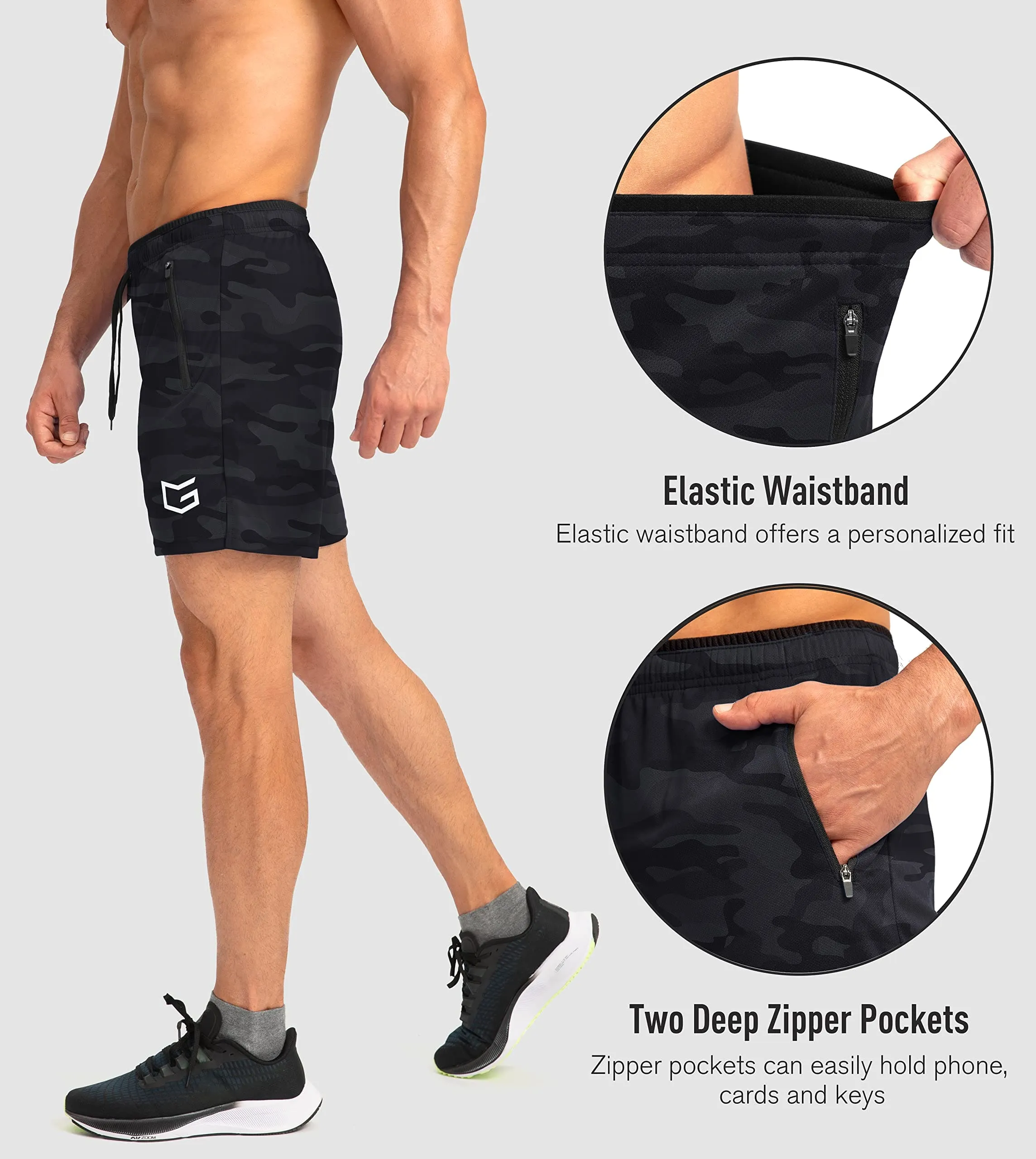 G Gradual Men's Running Shorts with Zipper Pockets Quick Dry Gym Athletic Workout 5" Shorts for Men (Grey camo)