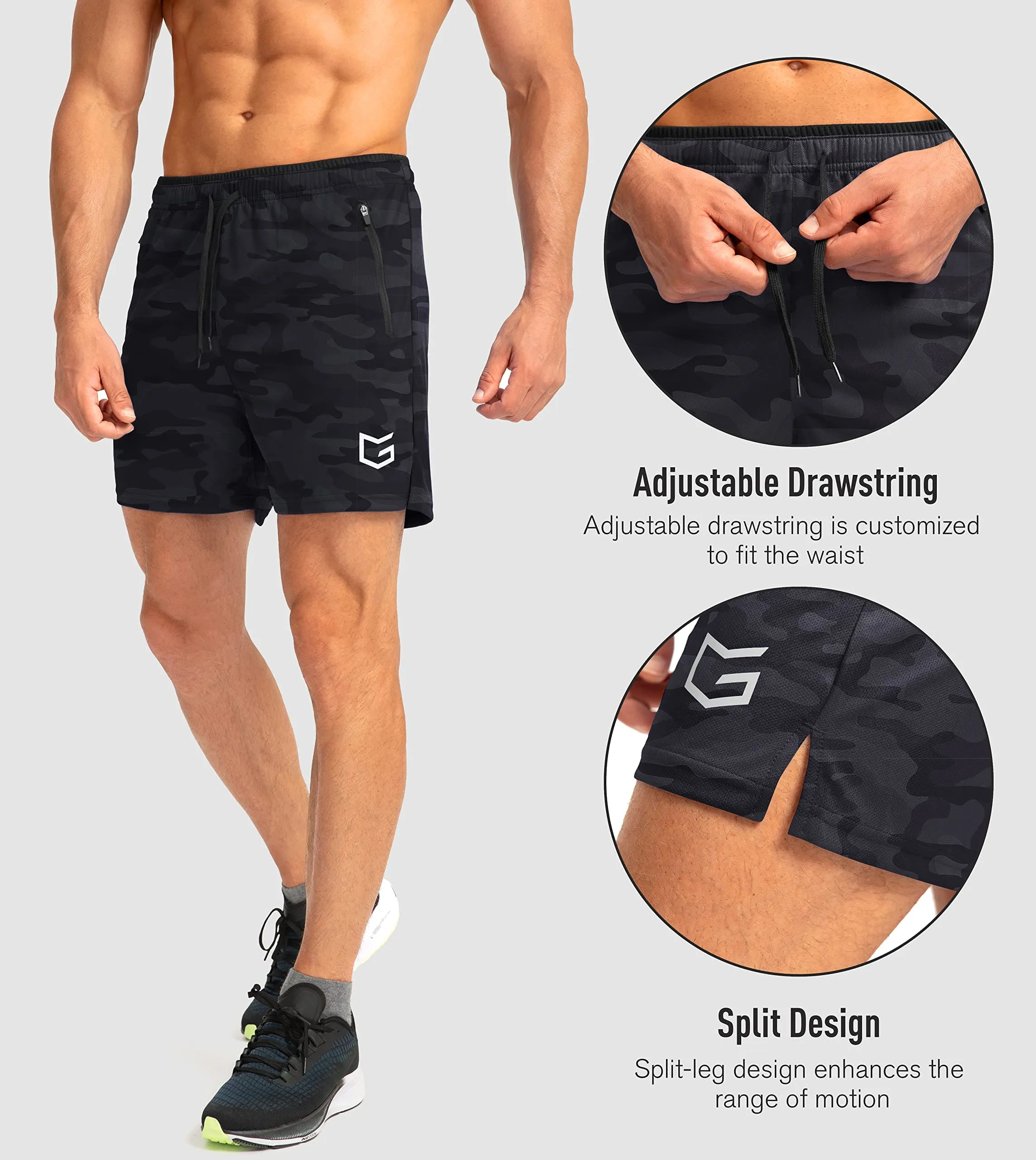G Gradual Men's Running Shorts with Zipper Pockets Quick Dry Gym Athletic Workout 5" Shorts for Men (Grey camo)