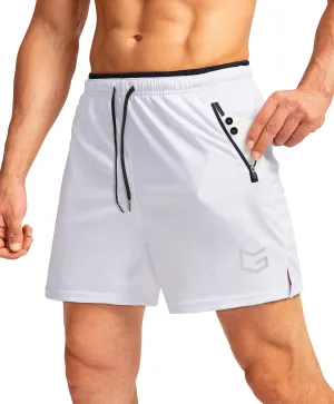 G Gradual Men's Running Shorts with Zipper Pockets Quick Dry Gym Athletic Workout 5" Shorts for Men (White)